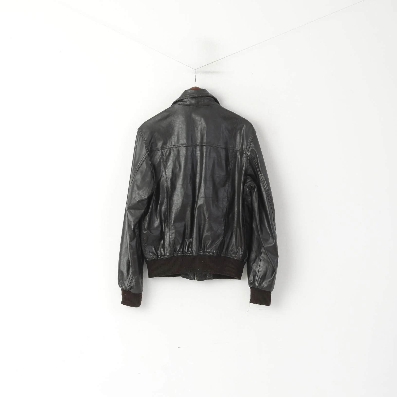 Oakwood Men L Jacket Dark Brown Leather Pilot Slim Full Zip Rock Bomber Biker Top - Image 8