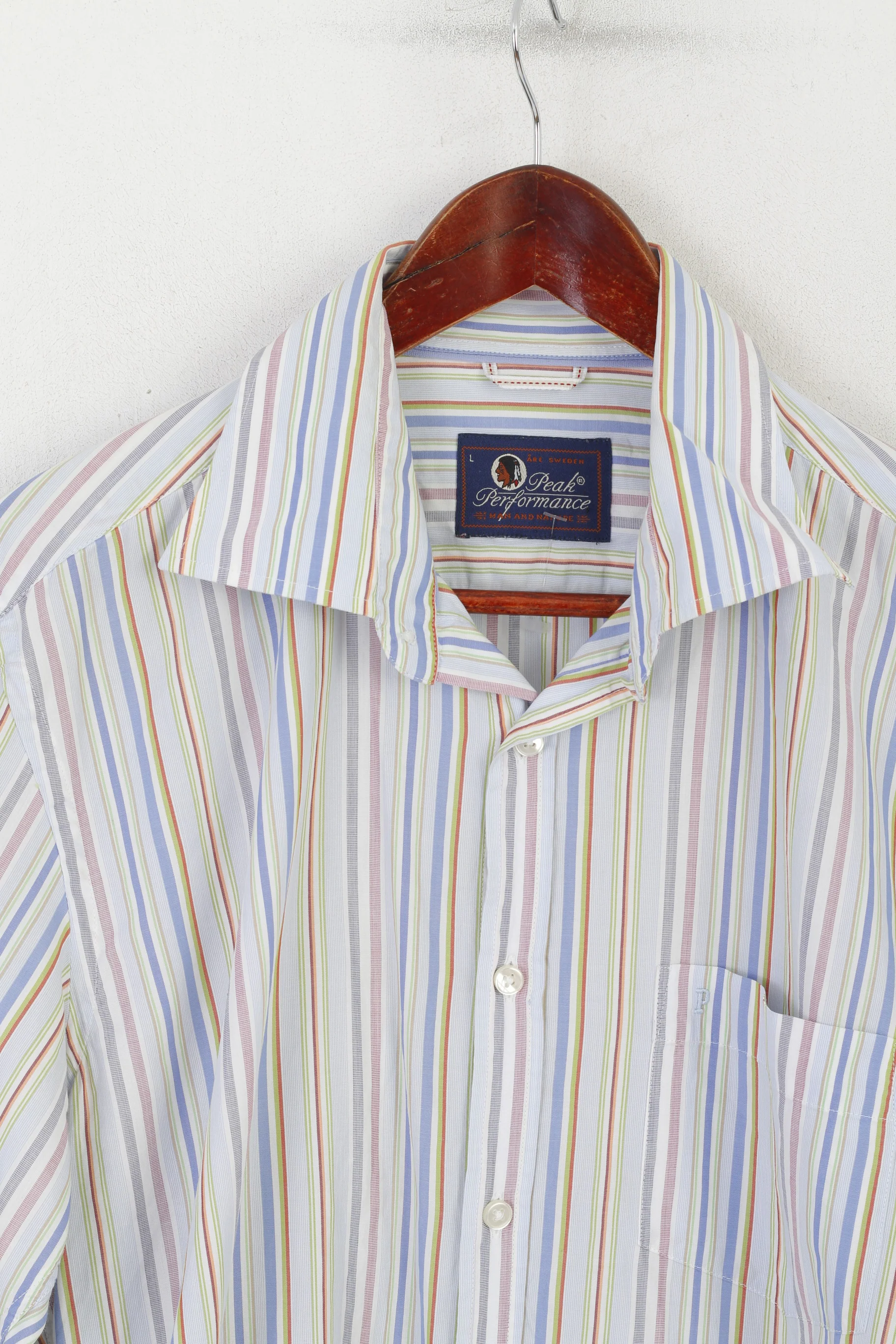 Peak Performance Men L Casual Shirt Blue Cotton Striped Kings Long Sleeve Top - Image 2