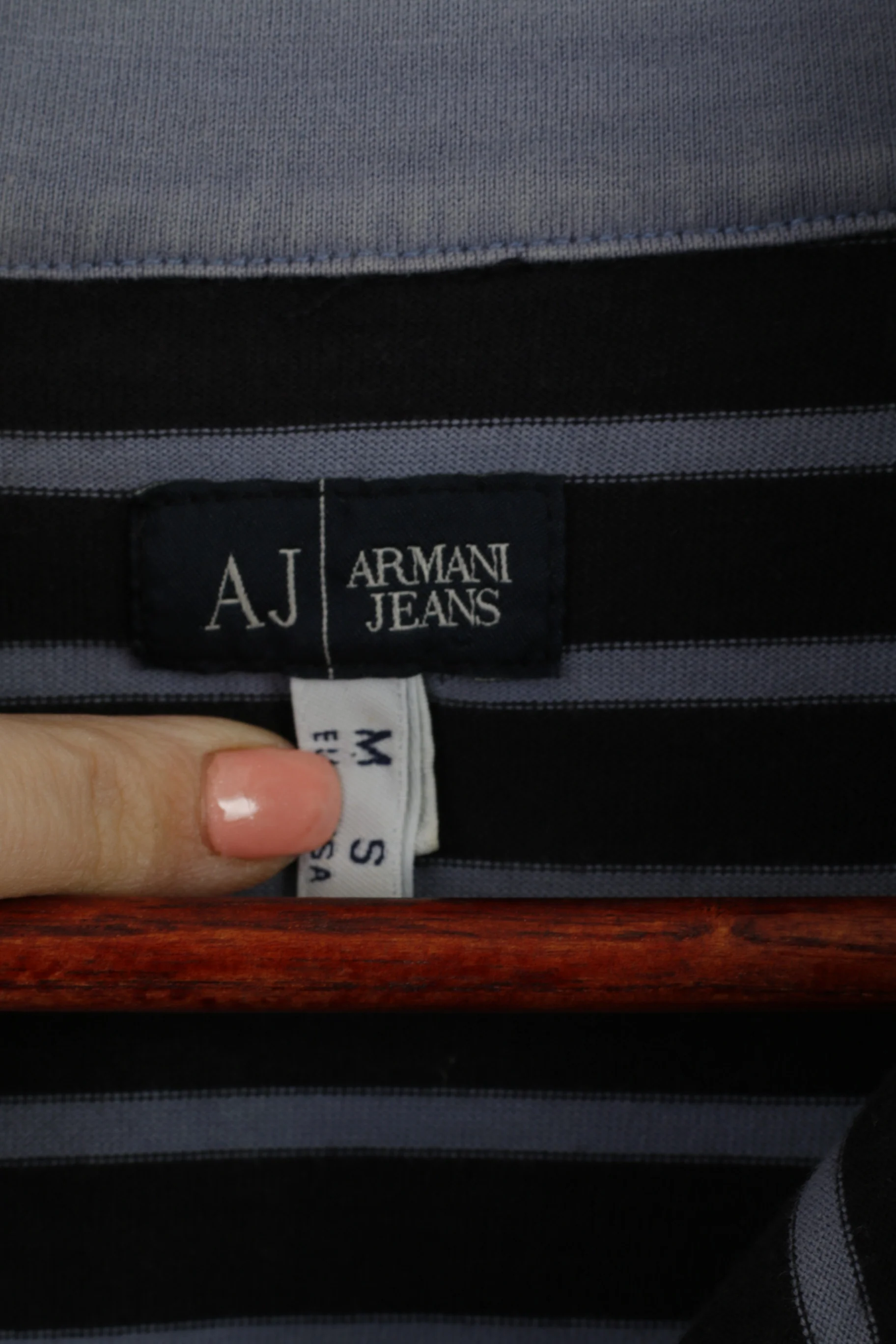 Armani Jeans Men M (S) Shirt Navy Striped Cotton Zip Neck Slim Fit Short Sleeve Top - Image 5