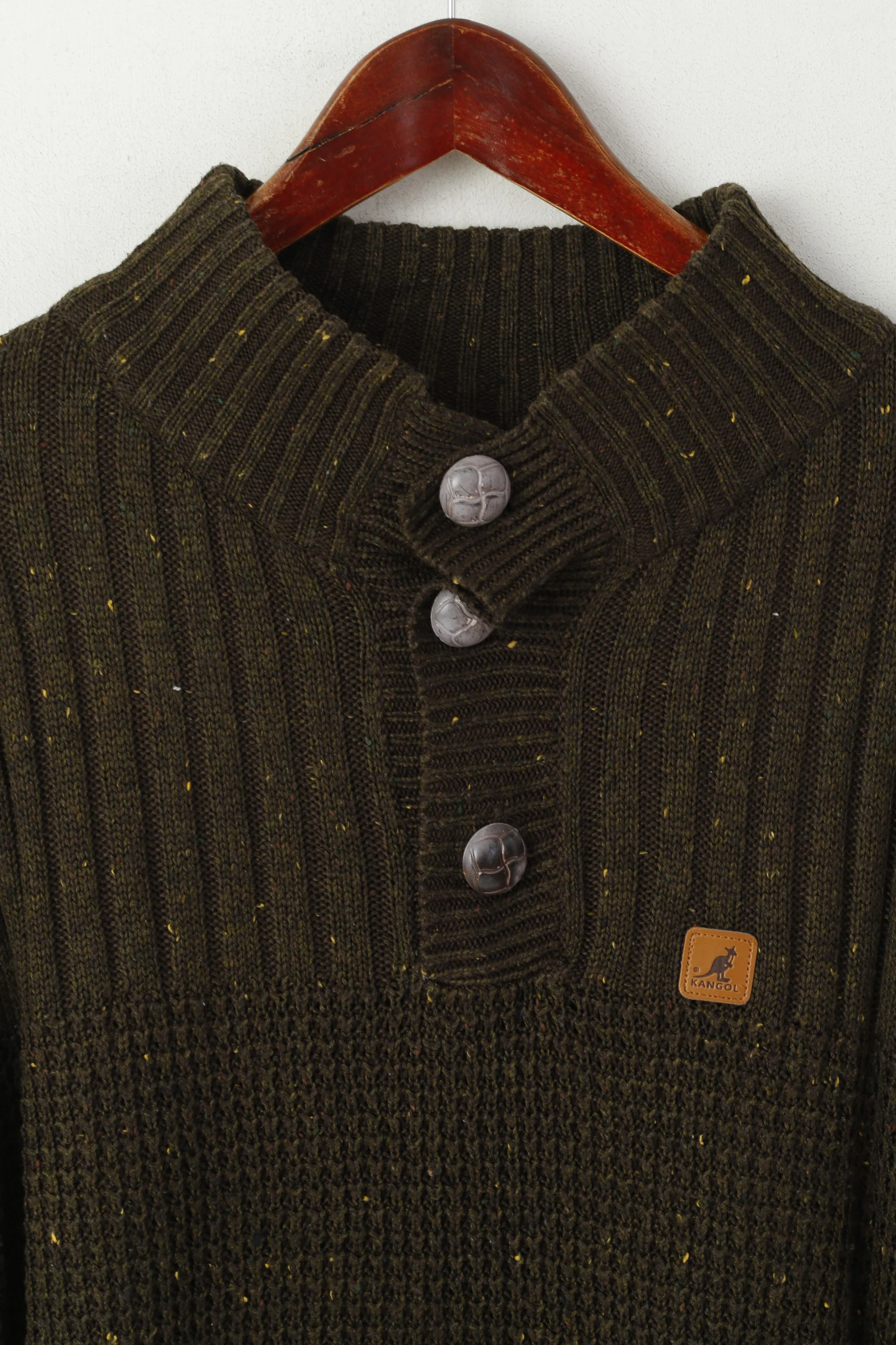 Kangol Men L Jumper Green Knitted Acrylic Button Neck Classic Sweater - Image 2
