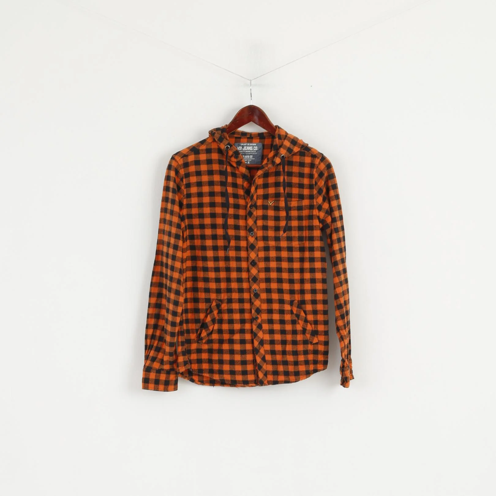 Voi Jeans Co. Men S Casual Shirt Orange Check Cotton hooded Long Sleeve Top