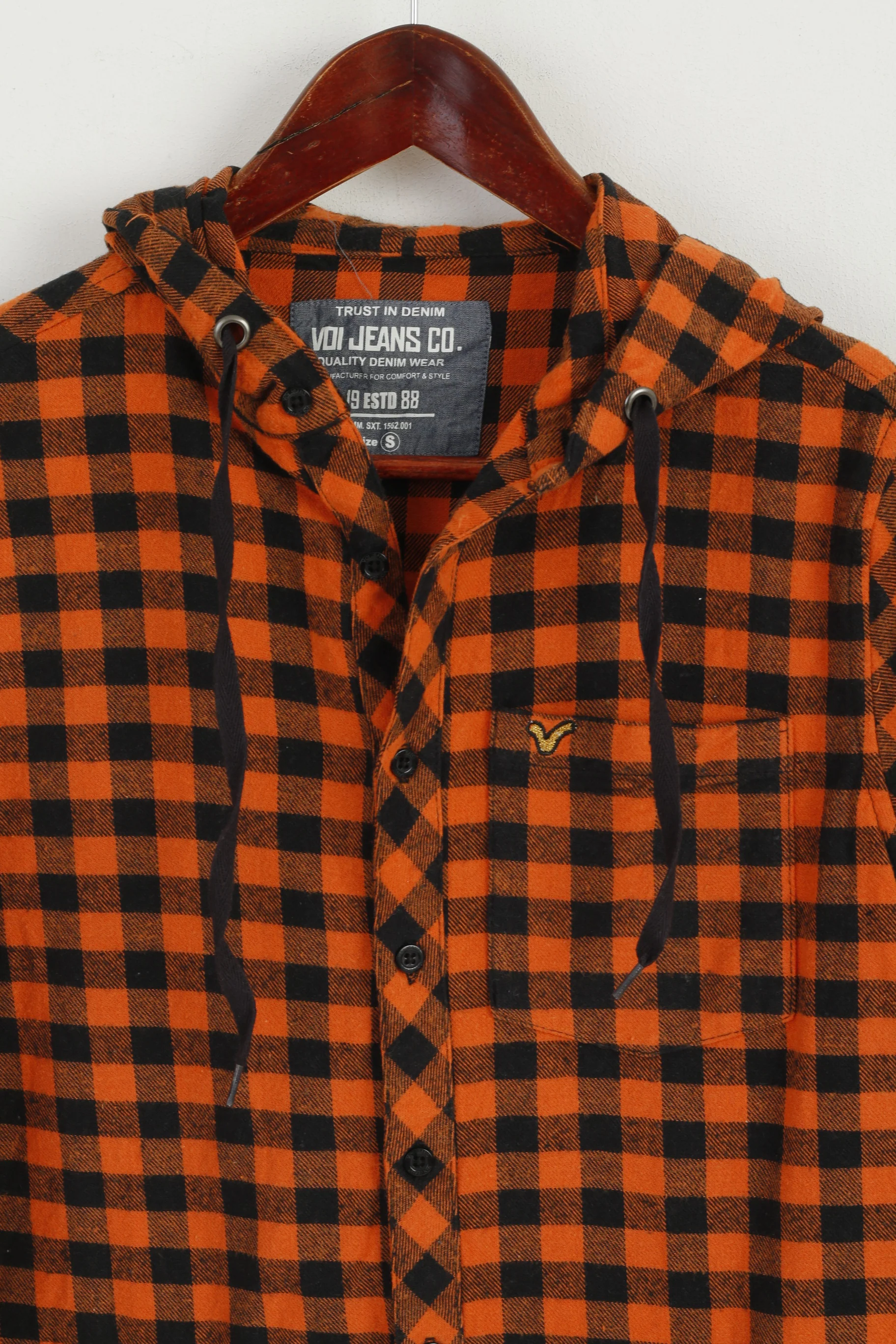 Voi Jeans Co. Men S Casual Shirt Orange Check Cotton hooded Long Sleeve Top - Image 2