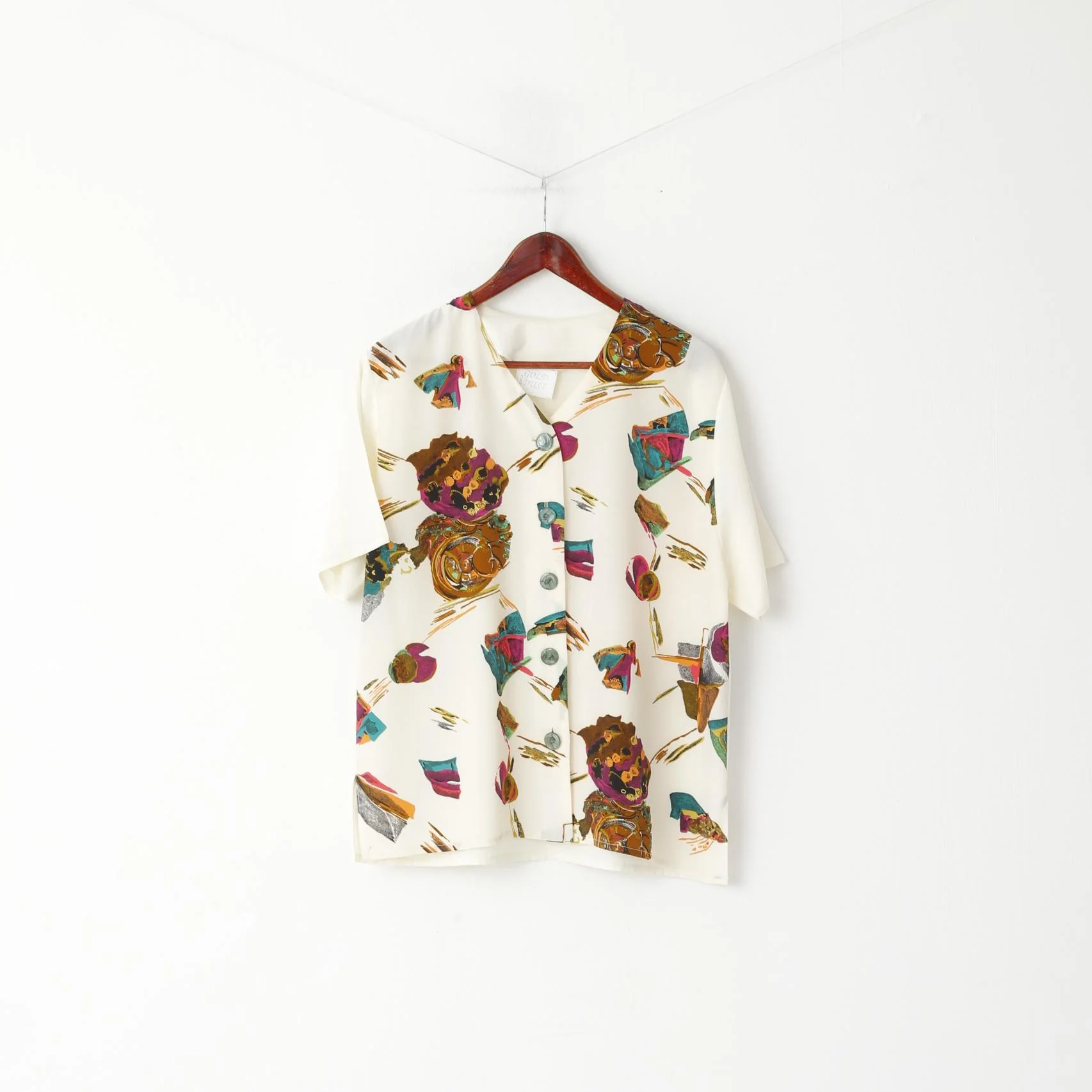 Gold Dust Women 14 L Shirt Beige Abstract Buttoned Short Sleeve Elegant Top