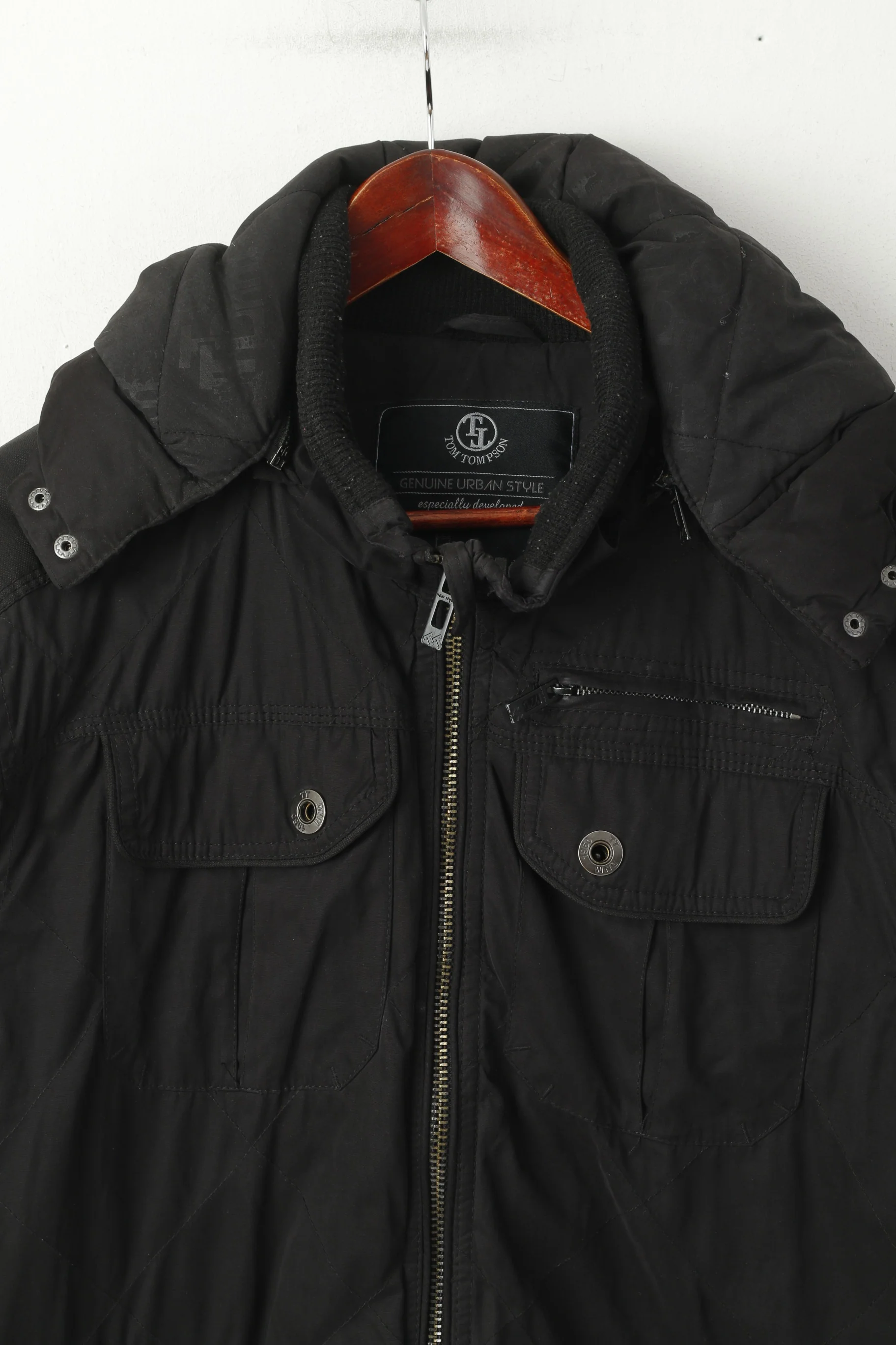 Tom Tompson Men L Jacket Black Bomber Padded Full Zipper Pocket Hooded Top - Image 2