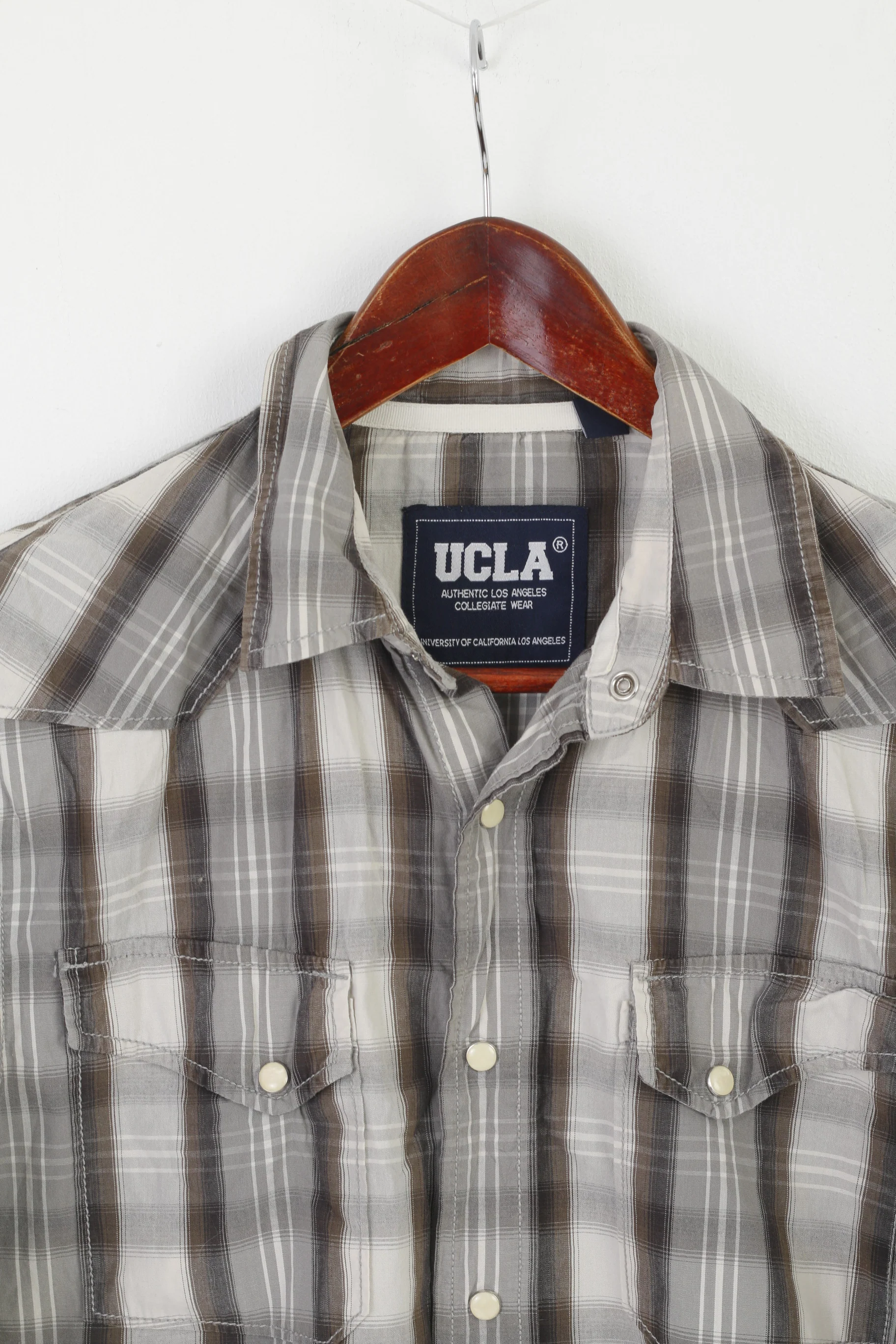 Ucla Los Angeles Colegiate Men M Casual Shirt Gray Cotton Slim Check Long Sleeve Top - Image 2