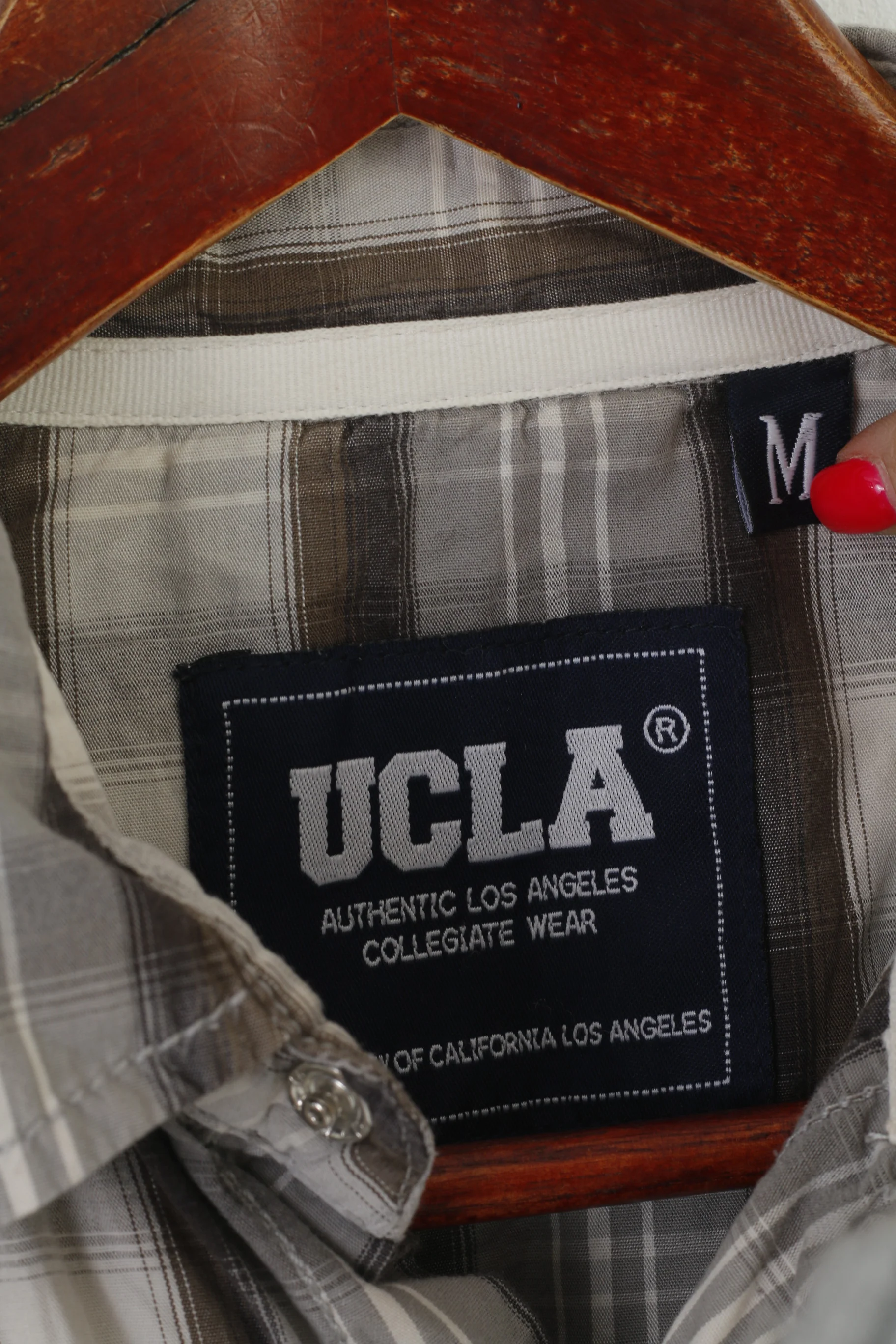 Ucla Los Angeles Colegiate Men M Casual Shirt Gray Cotton Slim Check Long Sleeve Top - Image 4