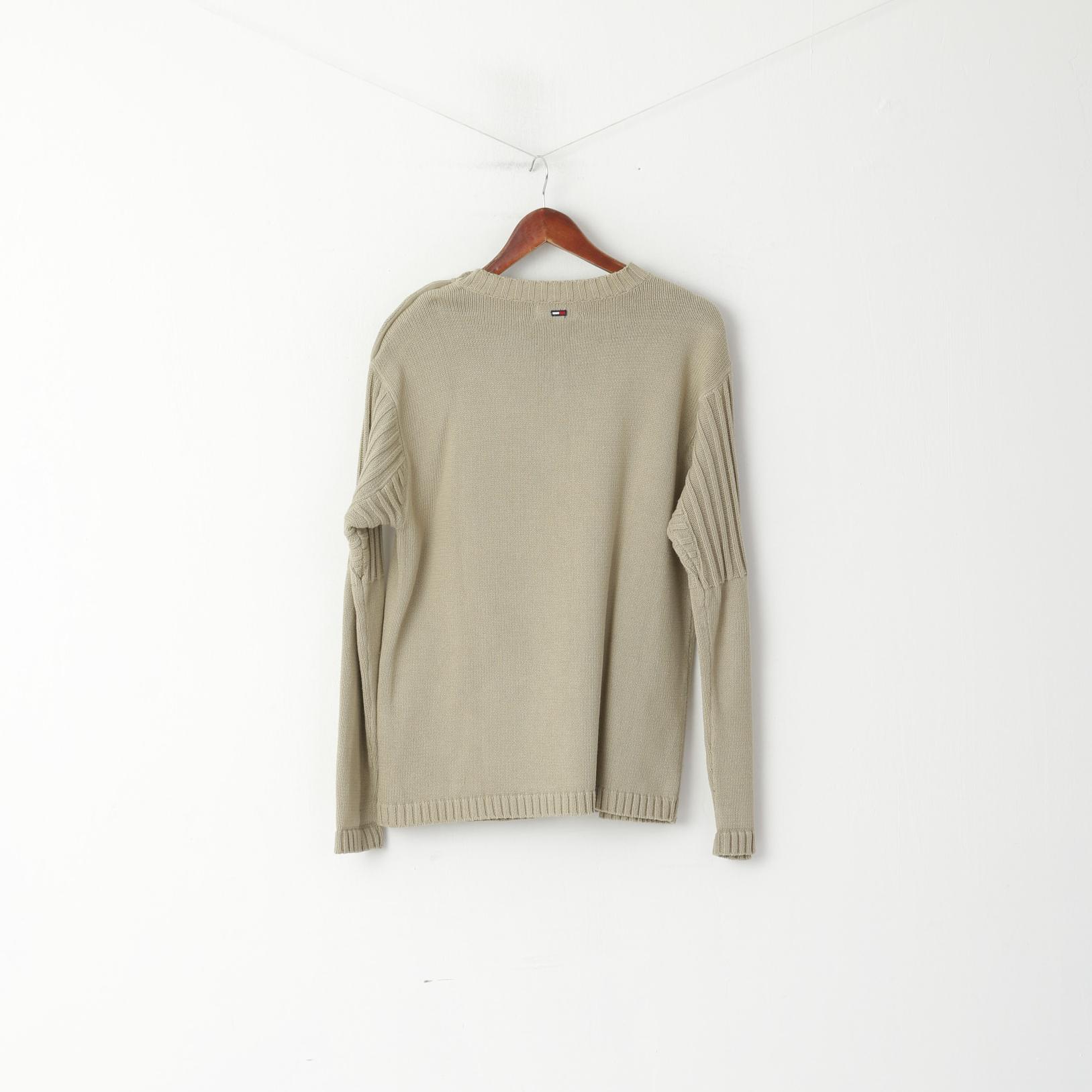 Tommy Hilfiger Denim Men S Jumper Beige CottonCrew Neck Classic Sweater - Image 6