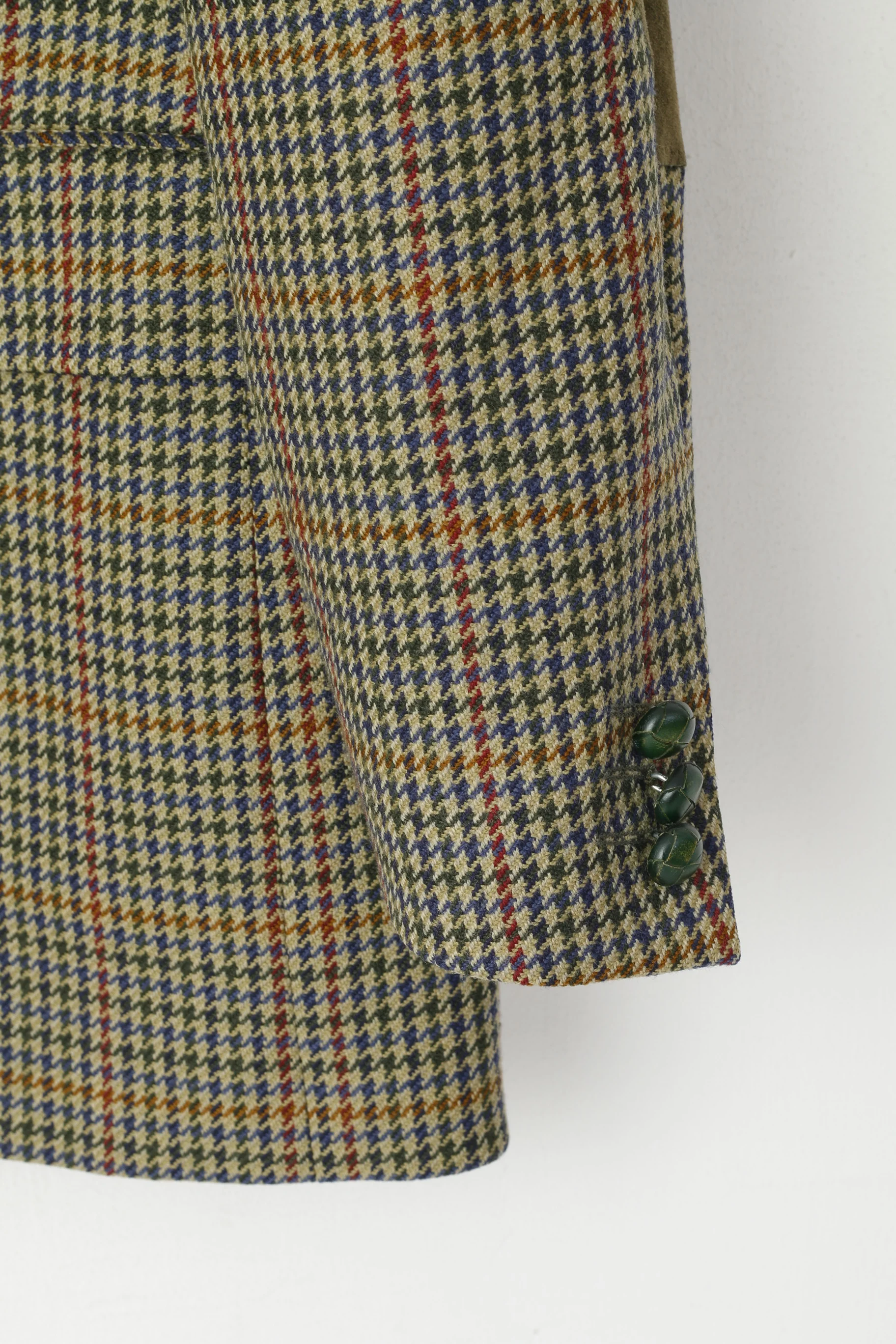 Brian Tucker Men 44 Blazer Green Vintage Wool Houndstooth Patches Single Breasted Jacket - Image 3