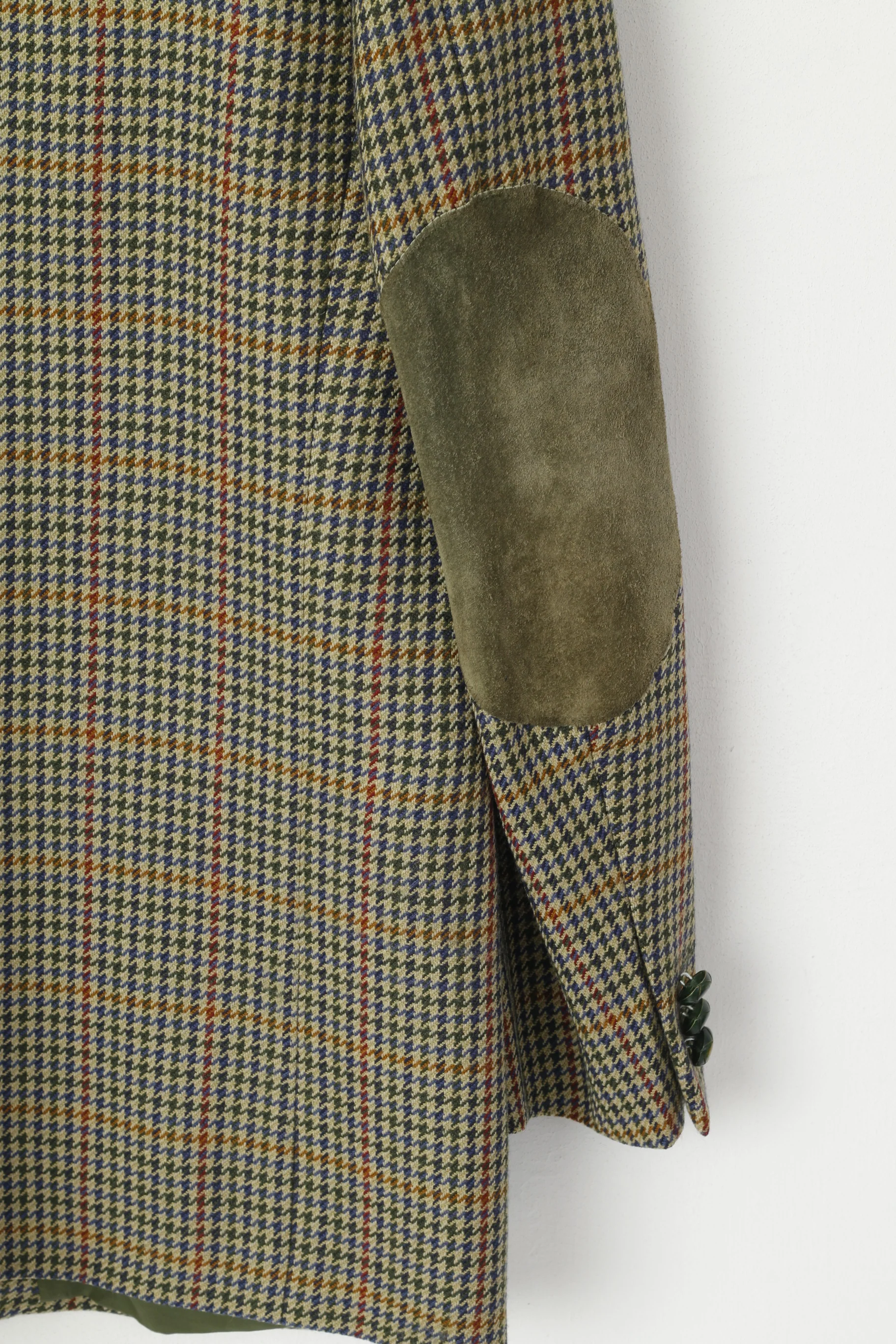 Brian Tucker Men 44 Blazer Green Vintage Wool Houndstooth Patches Single Breasted Jacket - Image 6