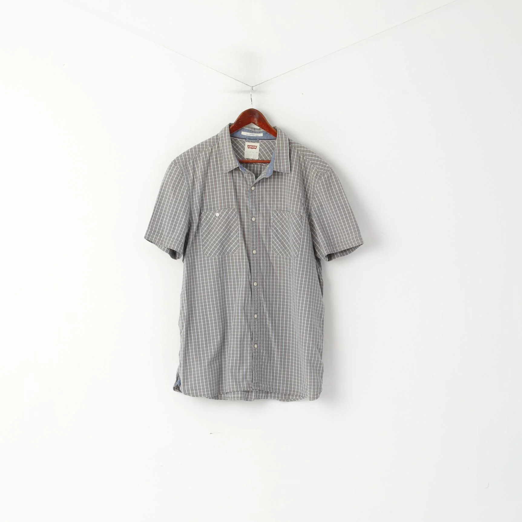 Levi's Men XXL Casual Shirt Gray Blue Checkered Cotton Standard Fit Vintage Top
