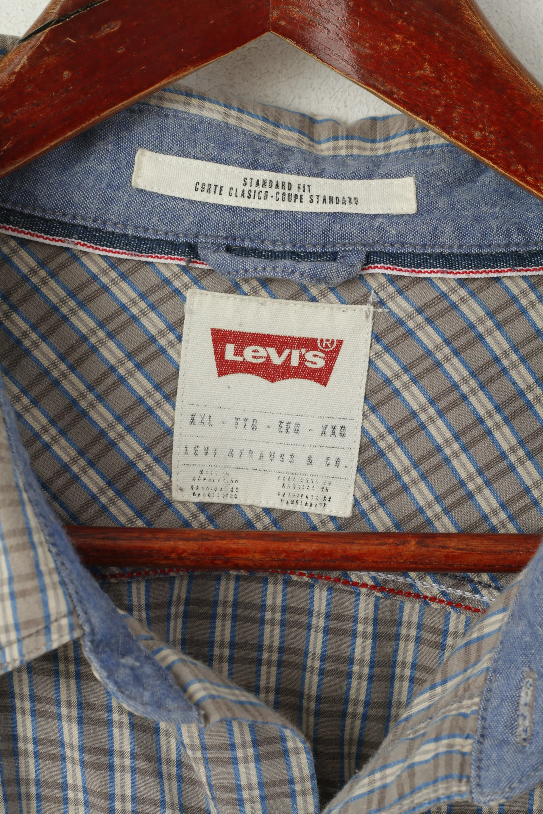 Levi's Men XXL Casual Shirt Gray Blue Checkered Cotton Standard Fit Vintage Top - Image 3