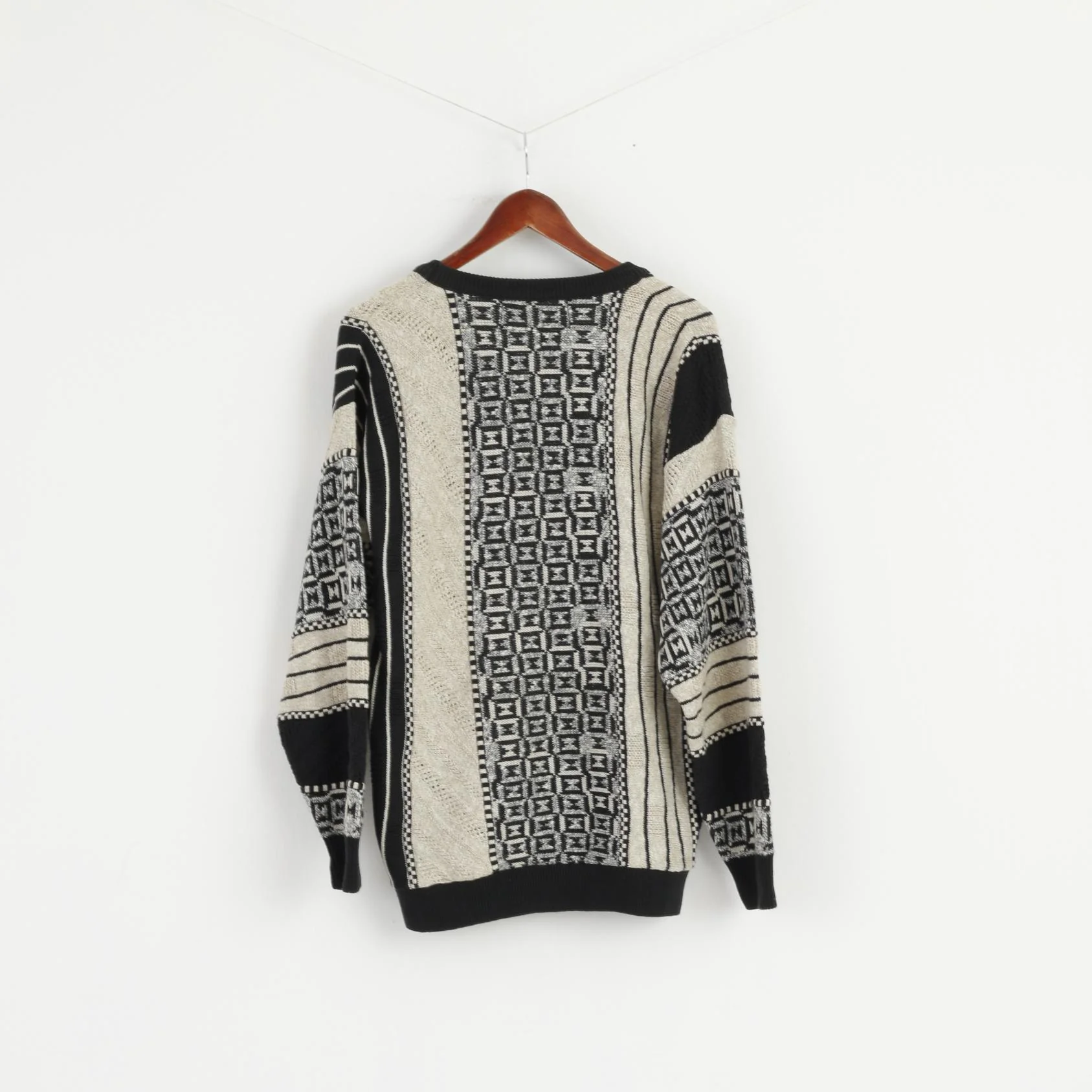 Protege Collection Men M Jumper Black beige Cotton Knit Retro V Neck Sweater - Image 6