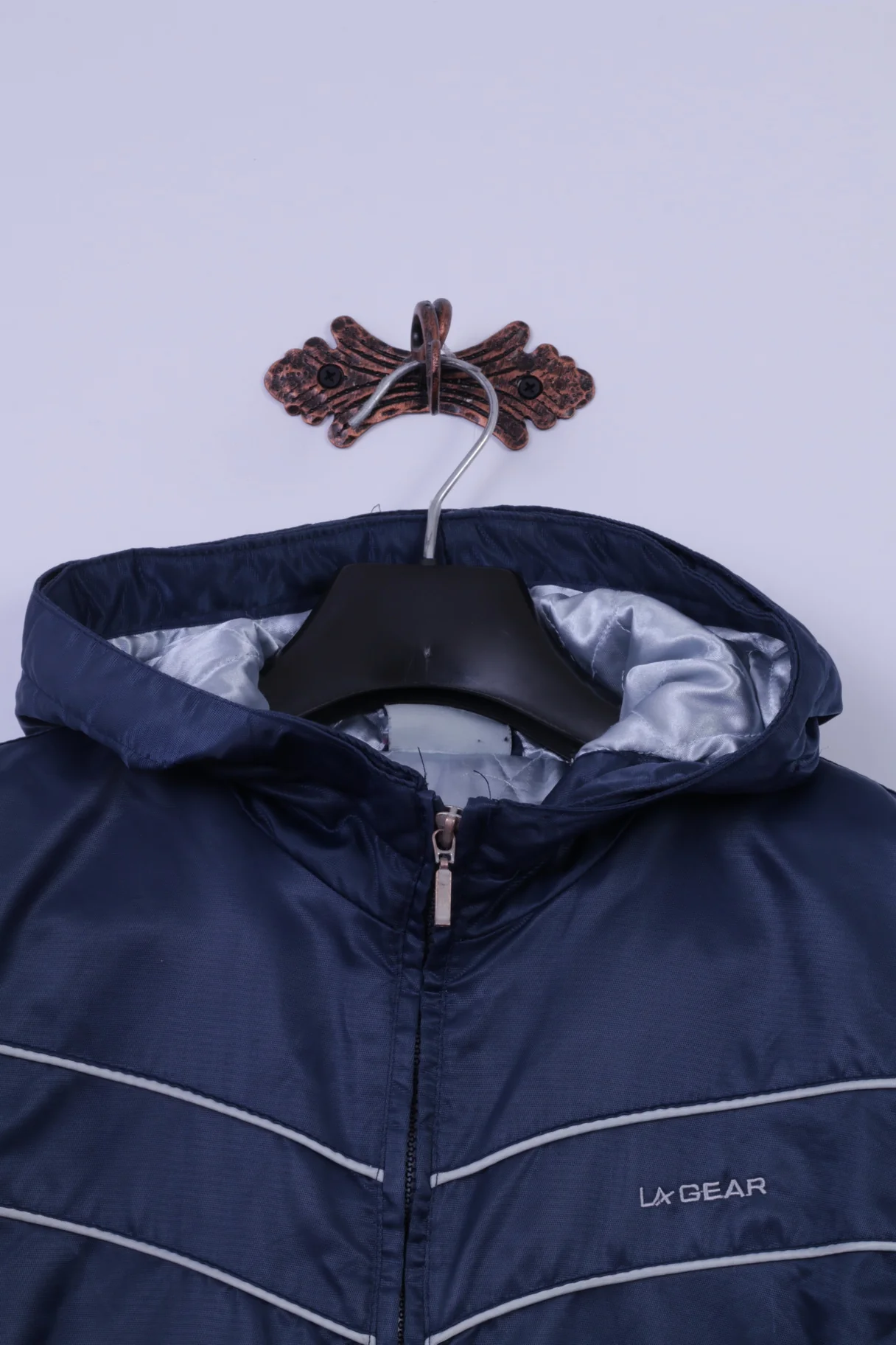 La Gear Womens 12 S Coat Navy 100% Nylon Shiny Hooded Full Zipper Casual Top - Image 2