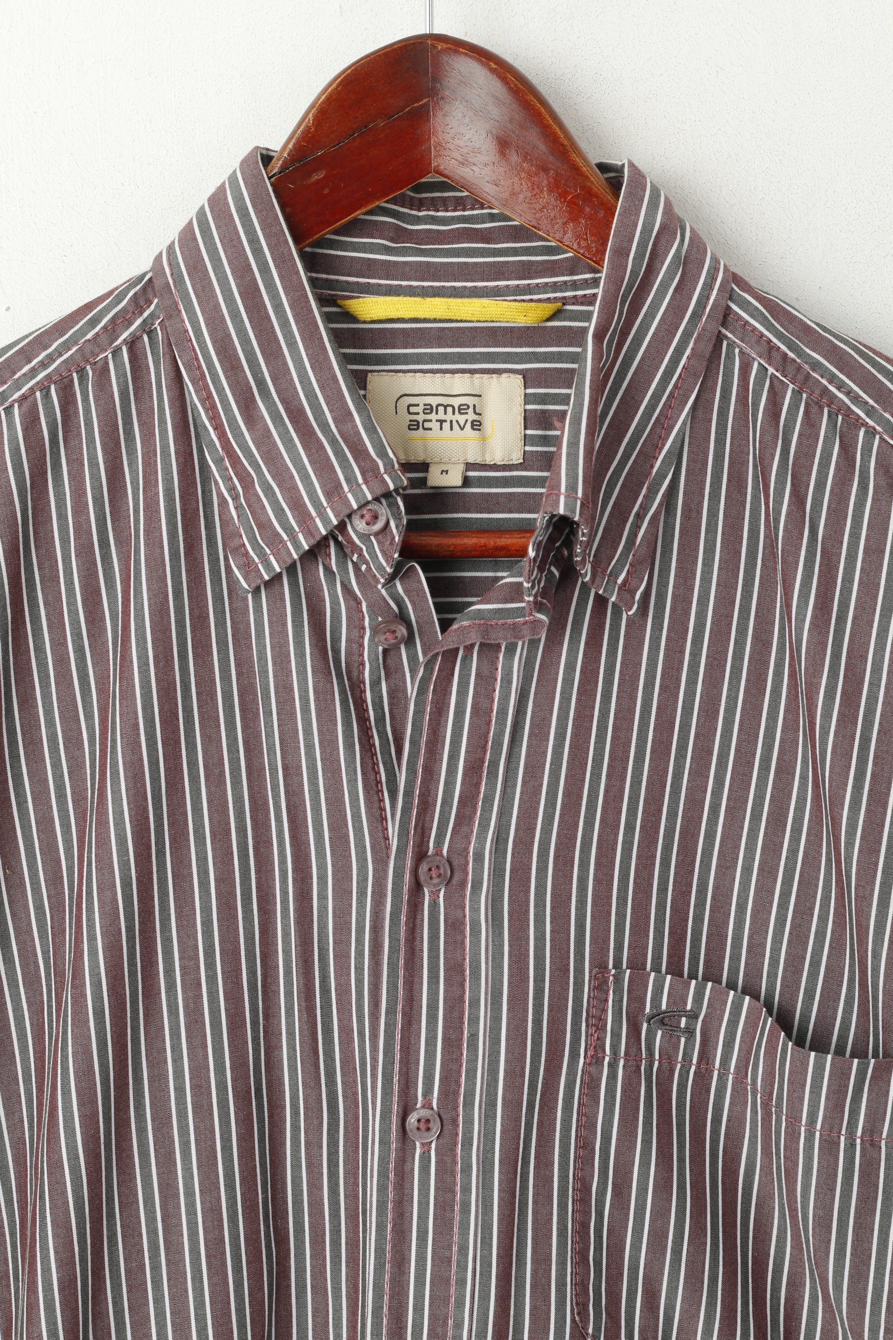 Camel Active Men M Casual Shirt Brown Grey Striped Cotton Long Sleeve Top - Image 2