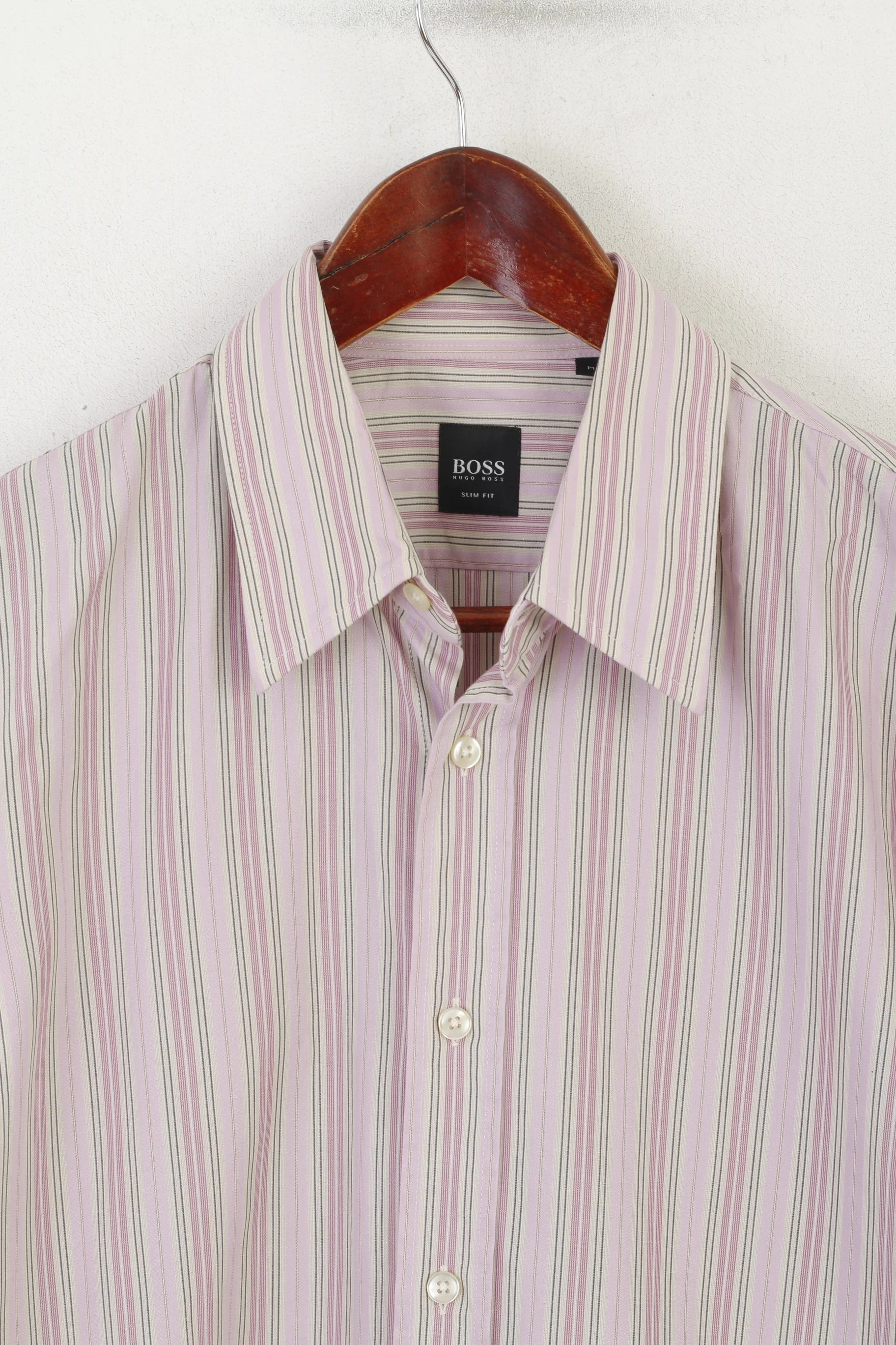Hugo Boss Men M Casual Shirt Pink Cotton Striped Slim Fit Long Sleeve Top - Image 2