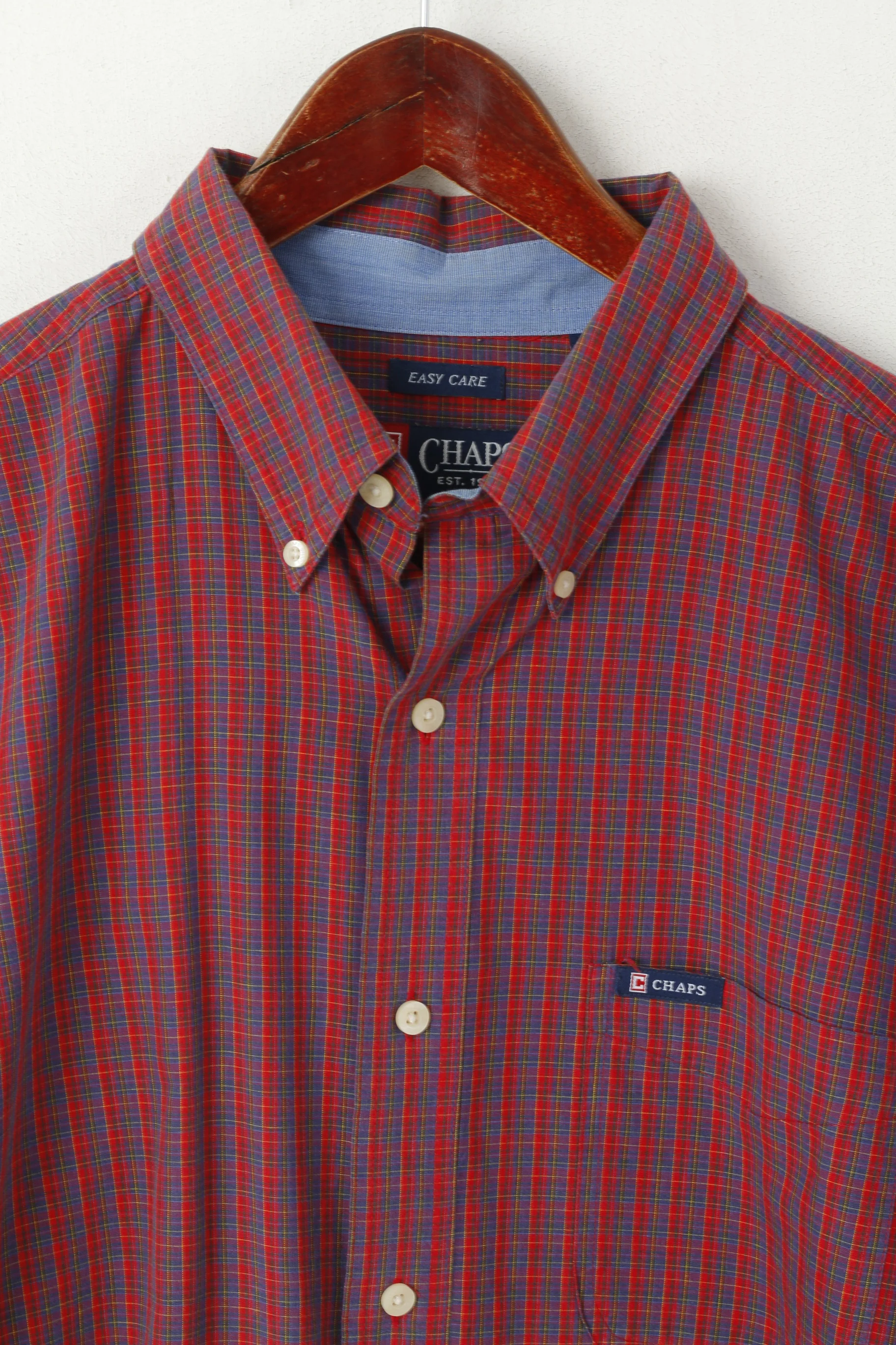 Chaps Men L Casual Shirt Red Cotton Check Button Down Collar  Easy Care Top - Image 2