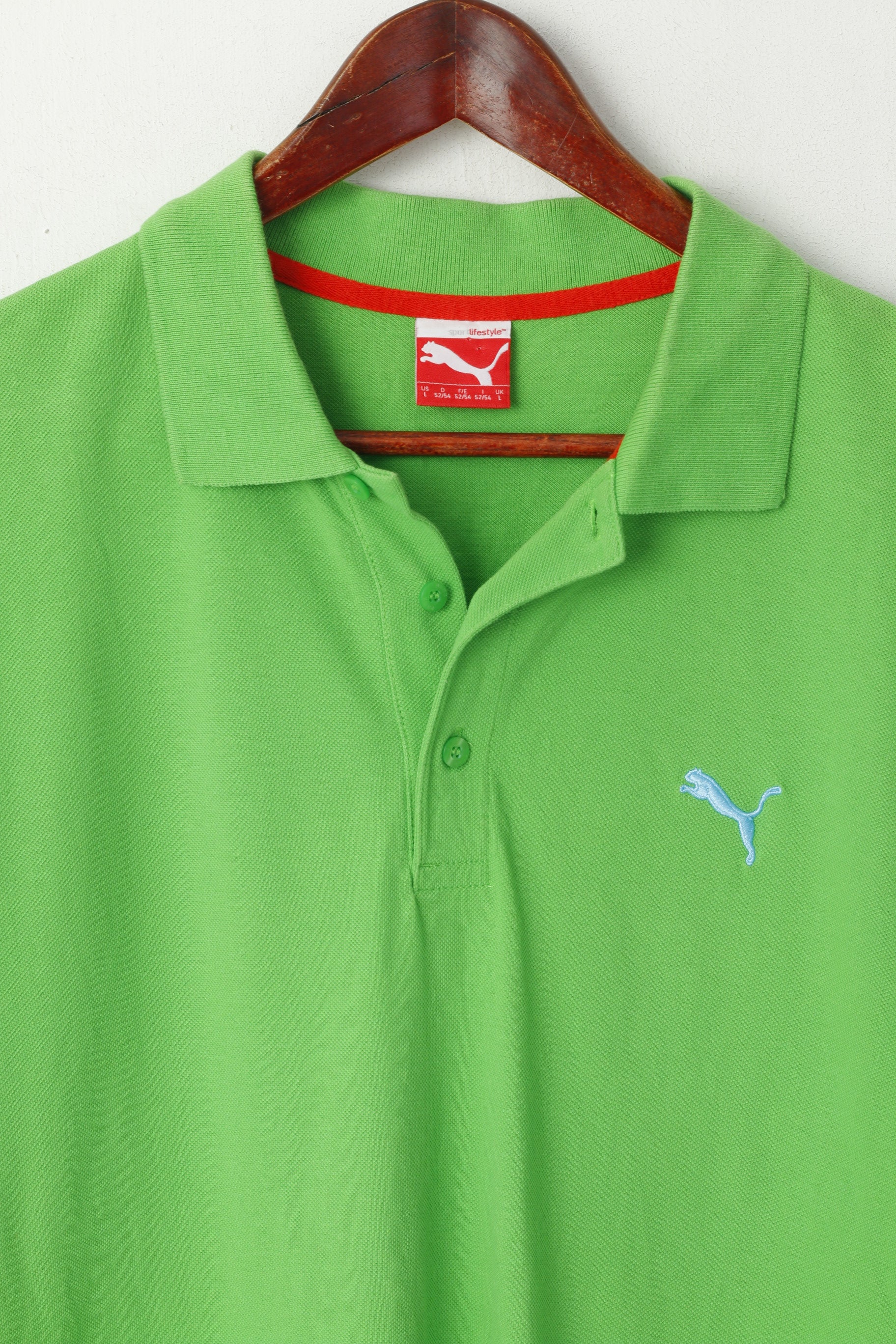 Puma Men L Polo Shirt Green Cotton Lifestyle Sport Detailed Buttons Top - Image 2