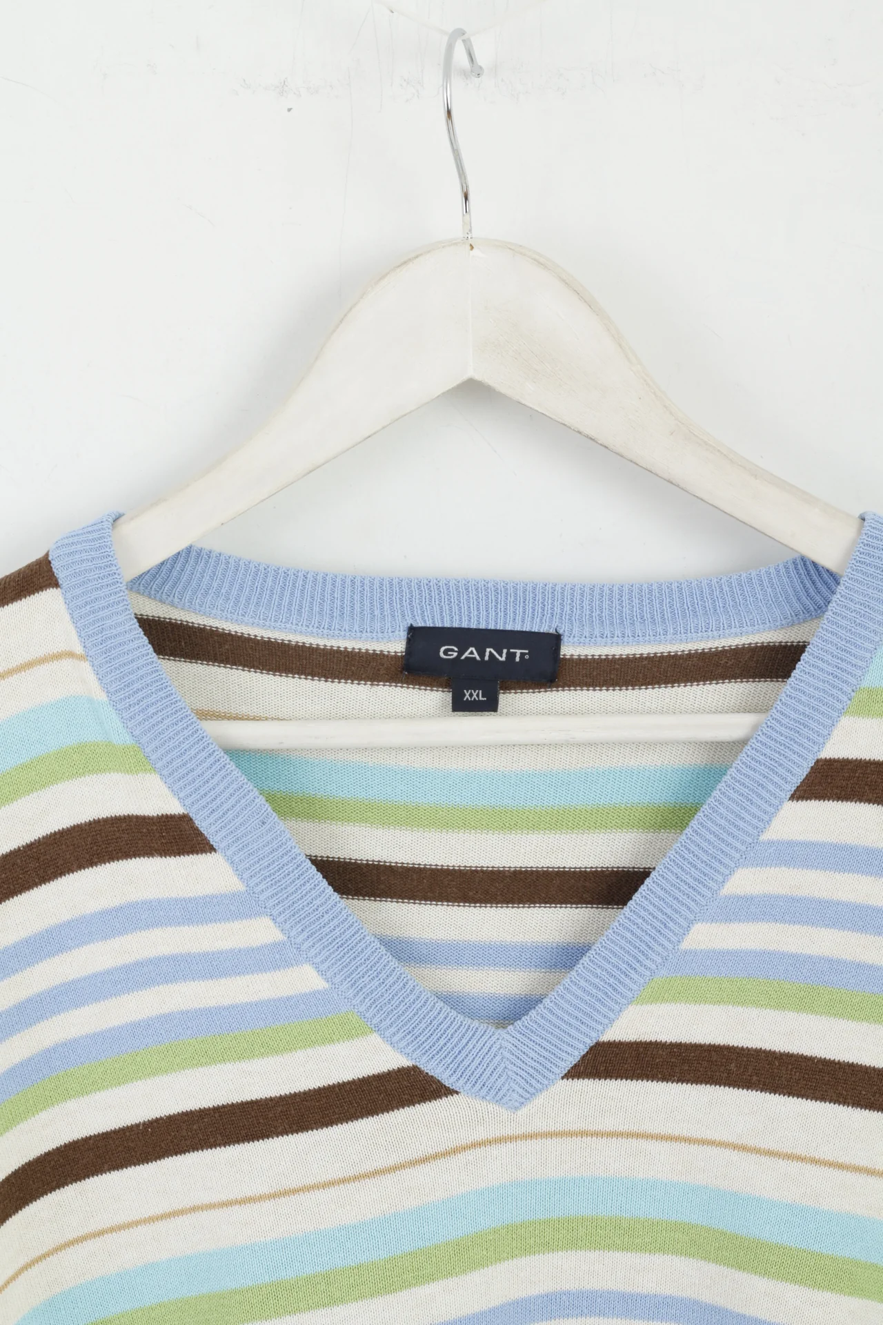 GANT Men XXL Jumper Beige Blue Striped Cotton V Neck Classic Light Sweater - Image 2