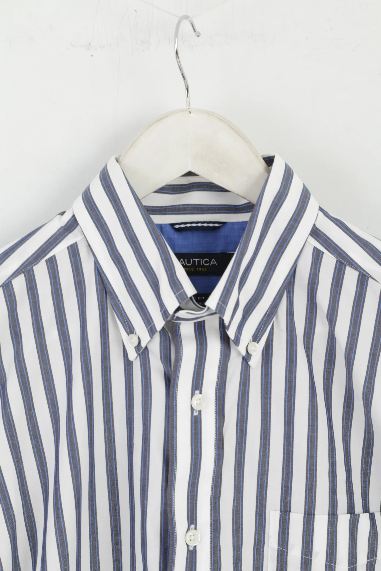 Nautica Men M Casual Shirt White Blue Striped Cotton Classic Fit Long Sleeve Top - Image 2