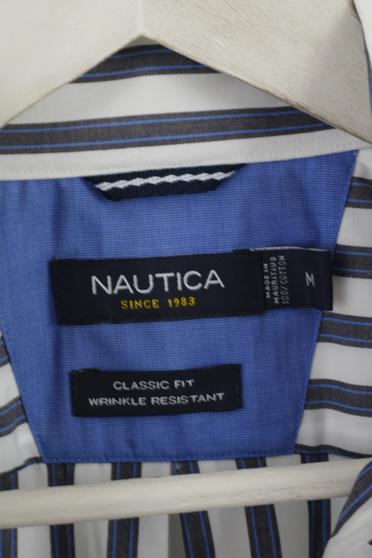 Nautica Men M Casual Shirt White Blue Striped Cotton Classic Fit Long Sleeve Top - Image 5