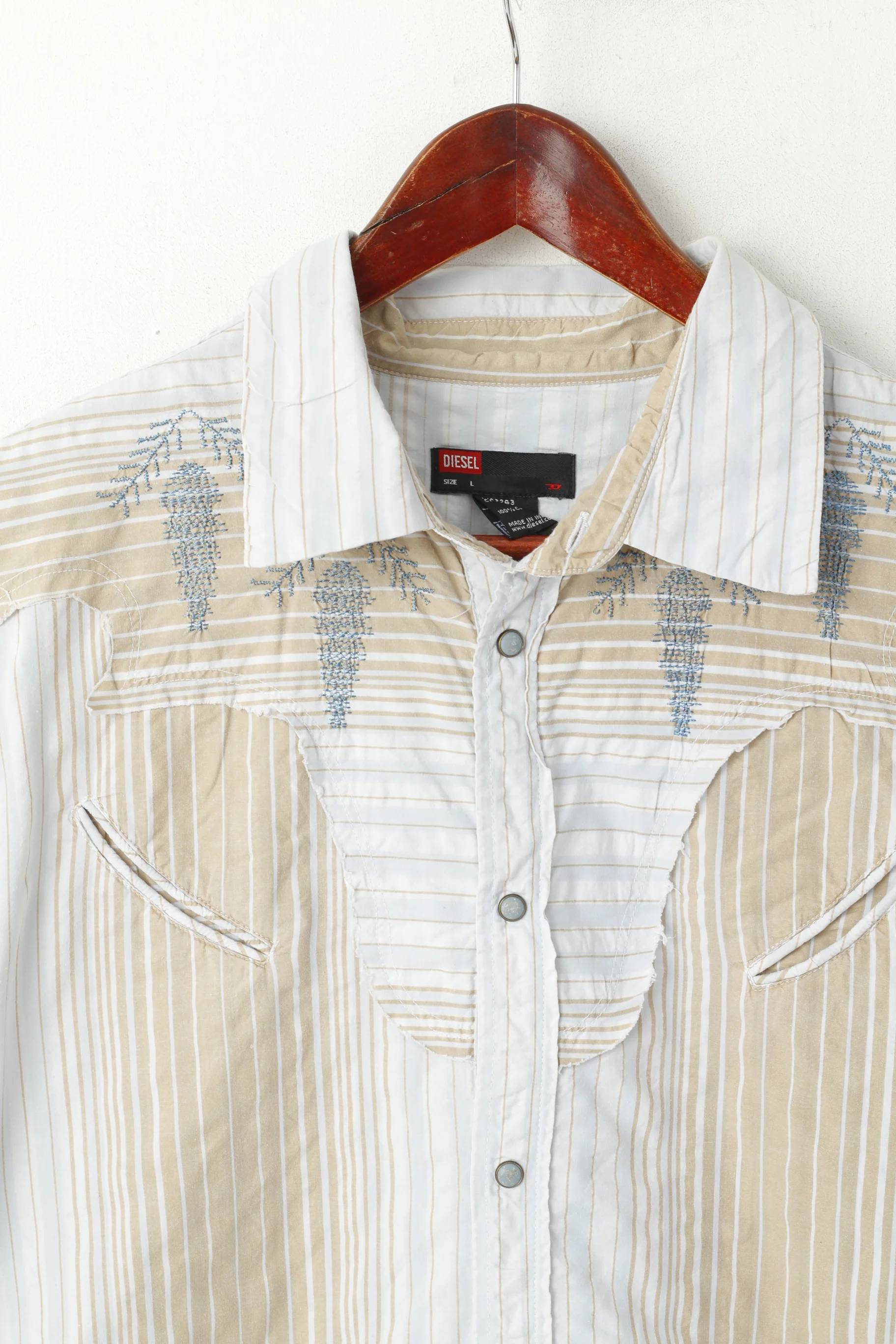 Diesel Men L Casual Shirt Blue Beige Striped Cotton Emroidered Snap Western Top - Image 2