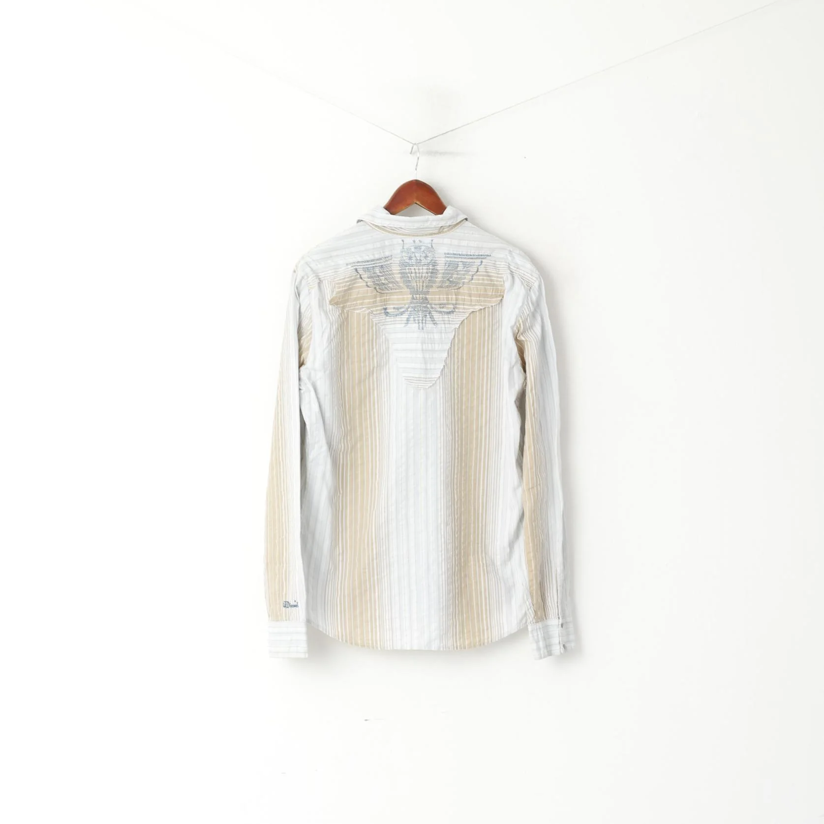 Diesel Men L Casual Shirt Blue Beige Striped Cotton Emroidered Snap Western Top - Image 7