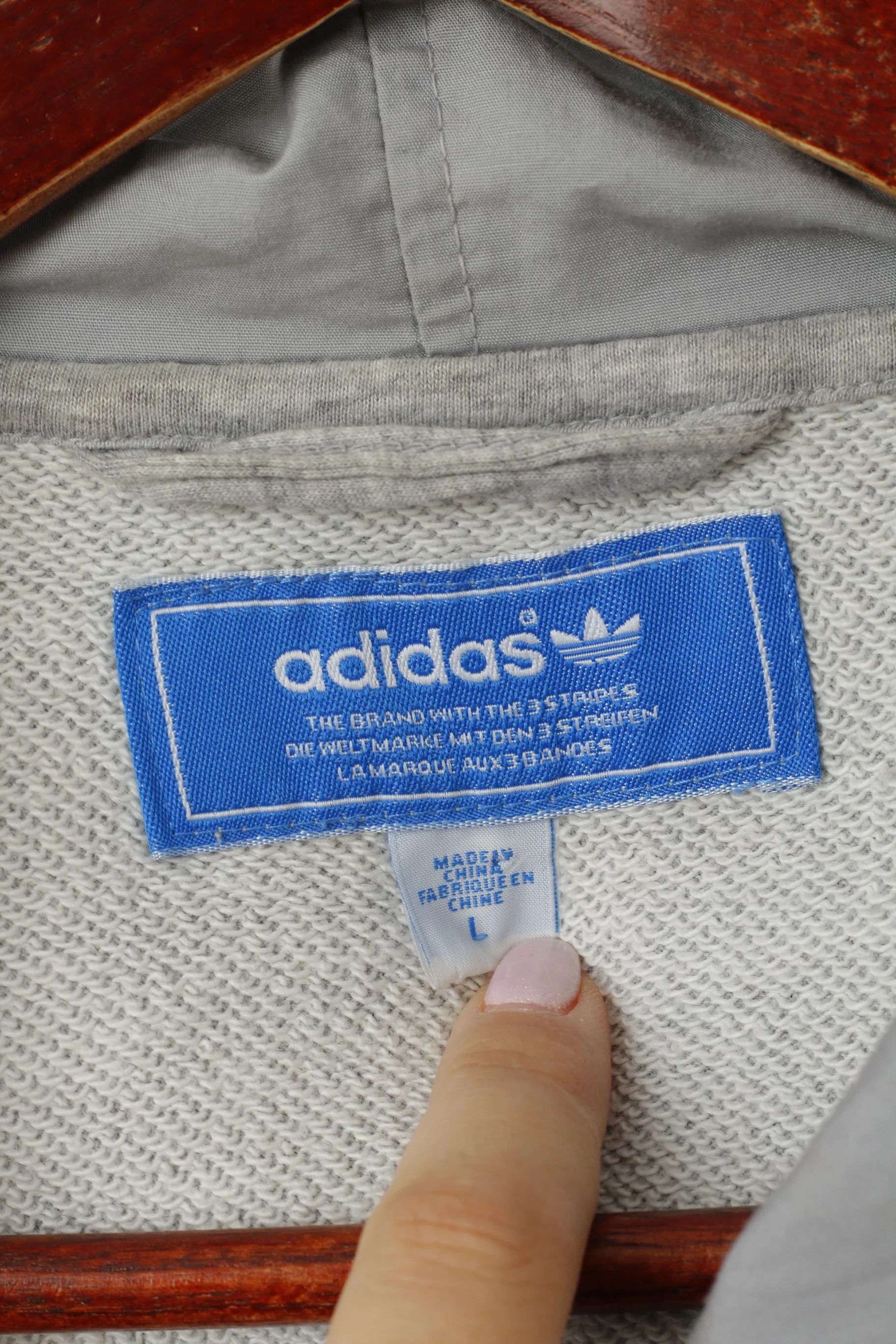 Adidas Men L Sweatshirt Grey Cotton Hooded Full Zipper Buttons Casual Top - Image 5