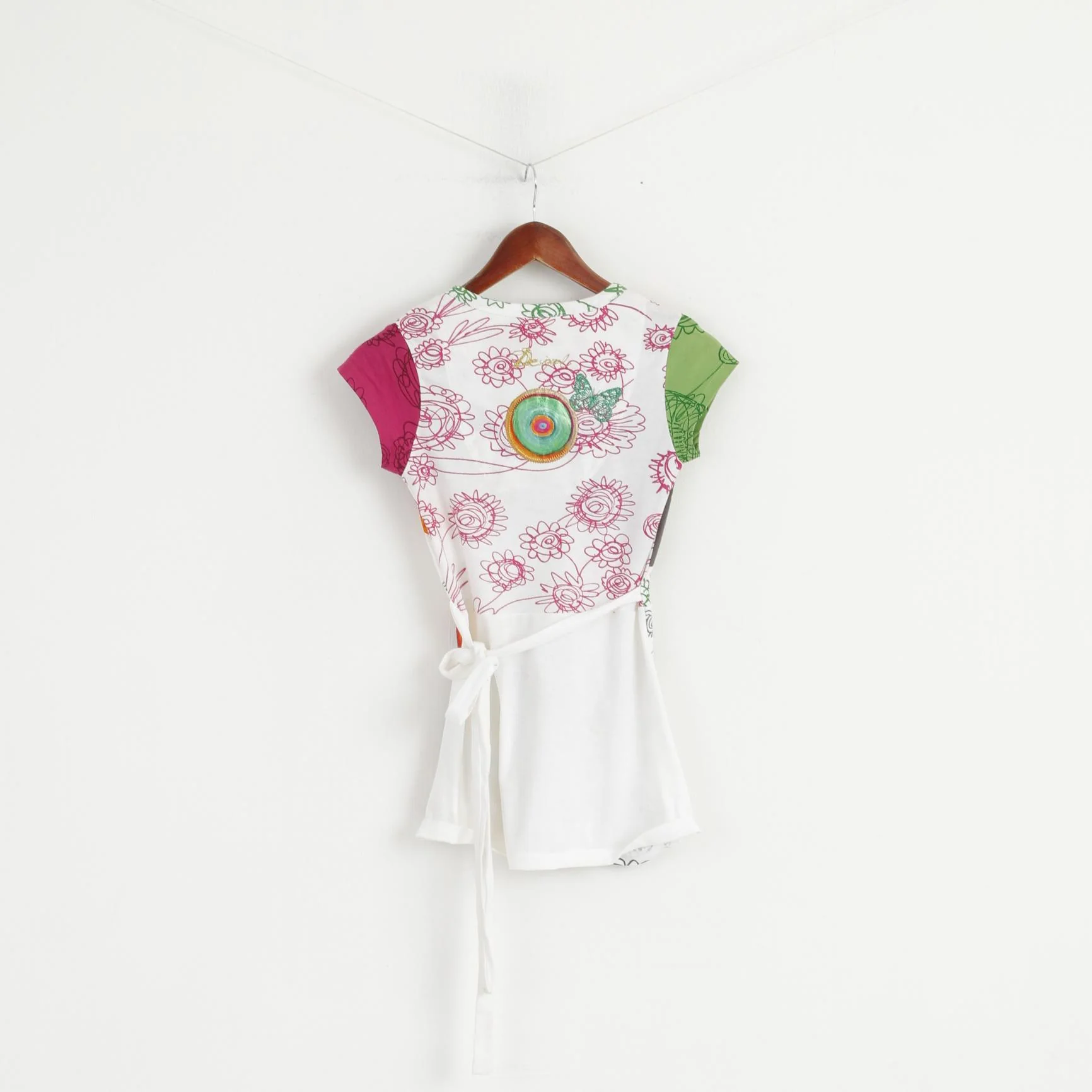 Desigual Women XS Shirt White Emroidered Floral Cotton Bound V Neck Summer Top - Image 6