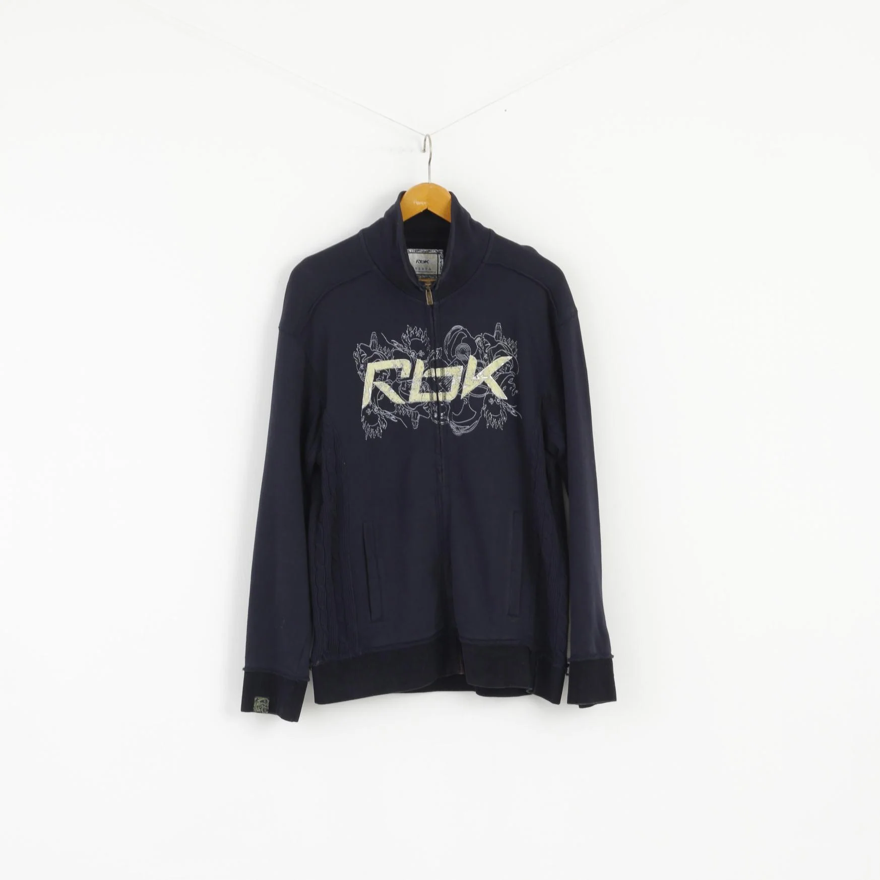 Reebok Men M Sweatshirt Navy Blue Cotton Full Zipper Emroidered Top