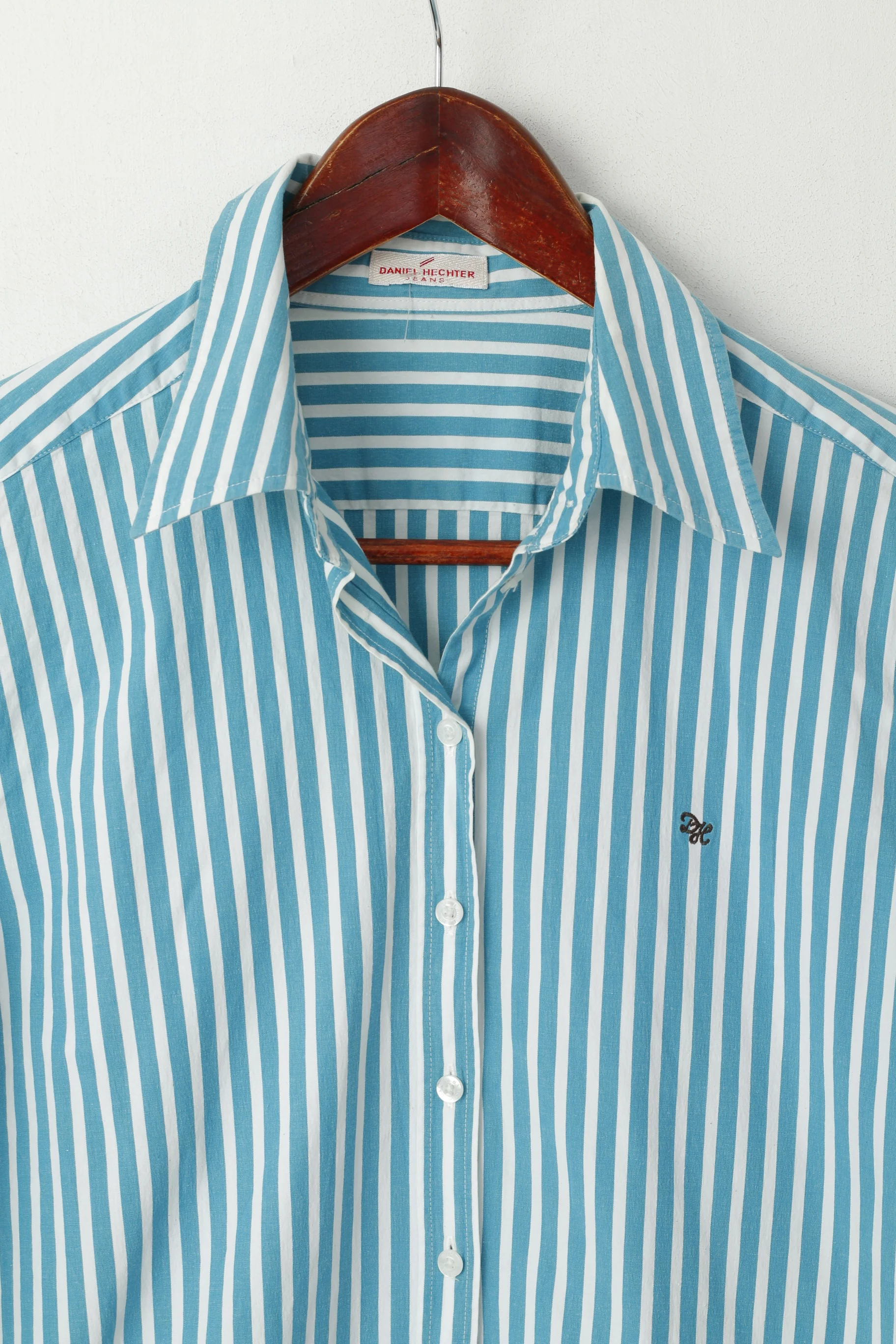 Daniel Hechter Jeans Women 16 M Casual Shirt Turquoise Striped Long Sleeve Cotton Top - Image 2
