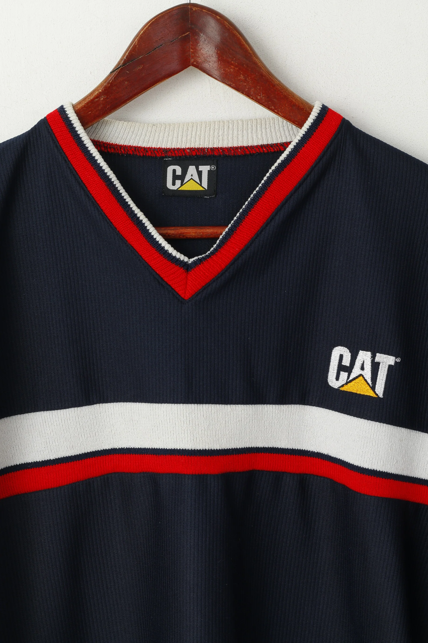 CAT Men M Shirt Navy Shiny Retro Long Sleeve V Neck Workwear Top - Image 2