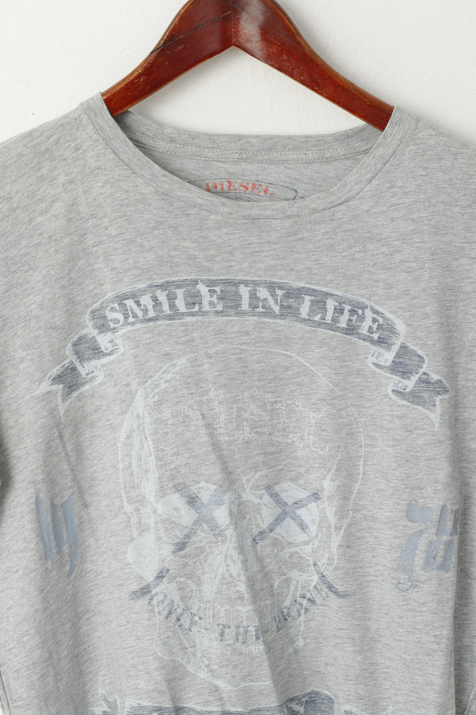 Diesel Industry Men S Shirt Grey Cotton Graphic Crew Neck Smile In Life Top - Image 2