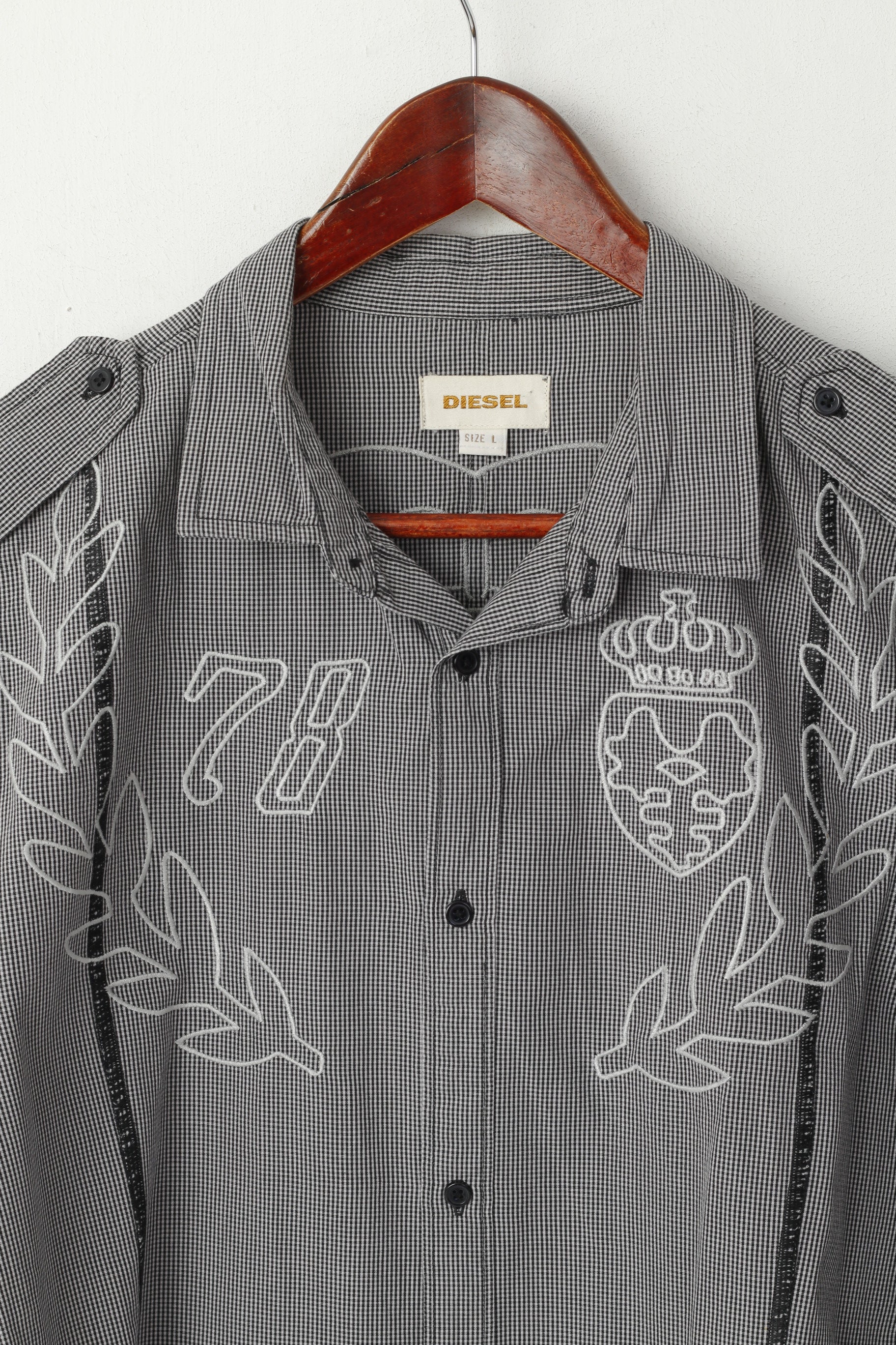 Diesel Mens L Casual Shirt Black White Checkered Cotton Embroidered Slim fit Top - Image 2