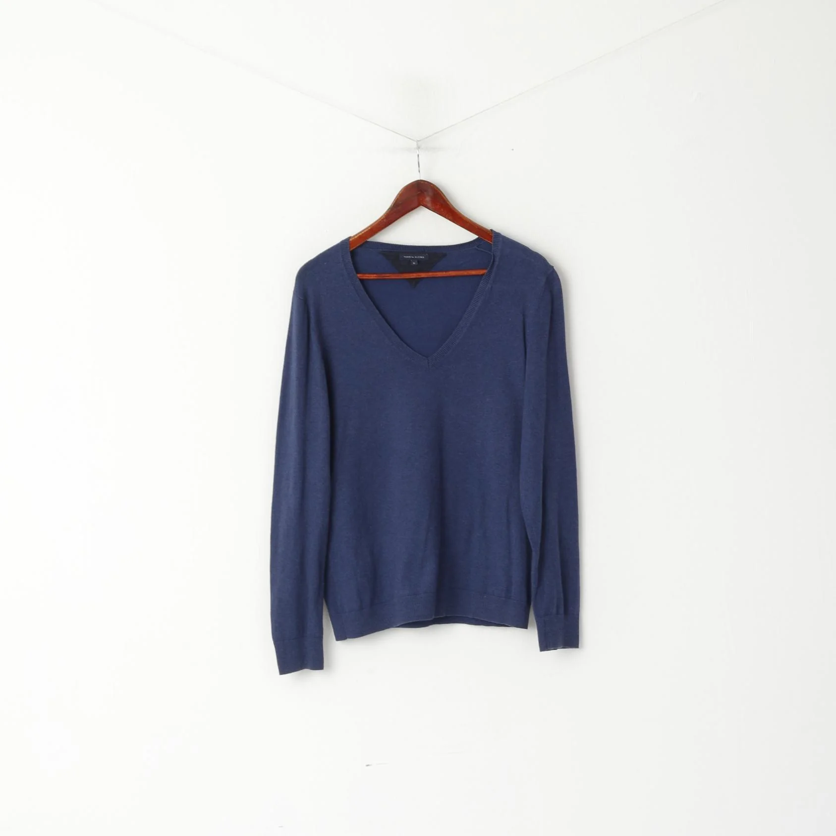 Tommy Hilfiger Men XL (M) Jumper Navy Cotton V Neck Soft Stretch Plain Sweater