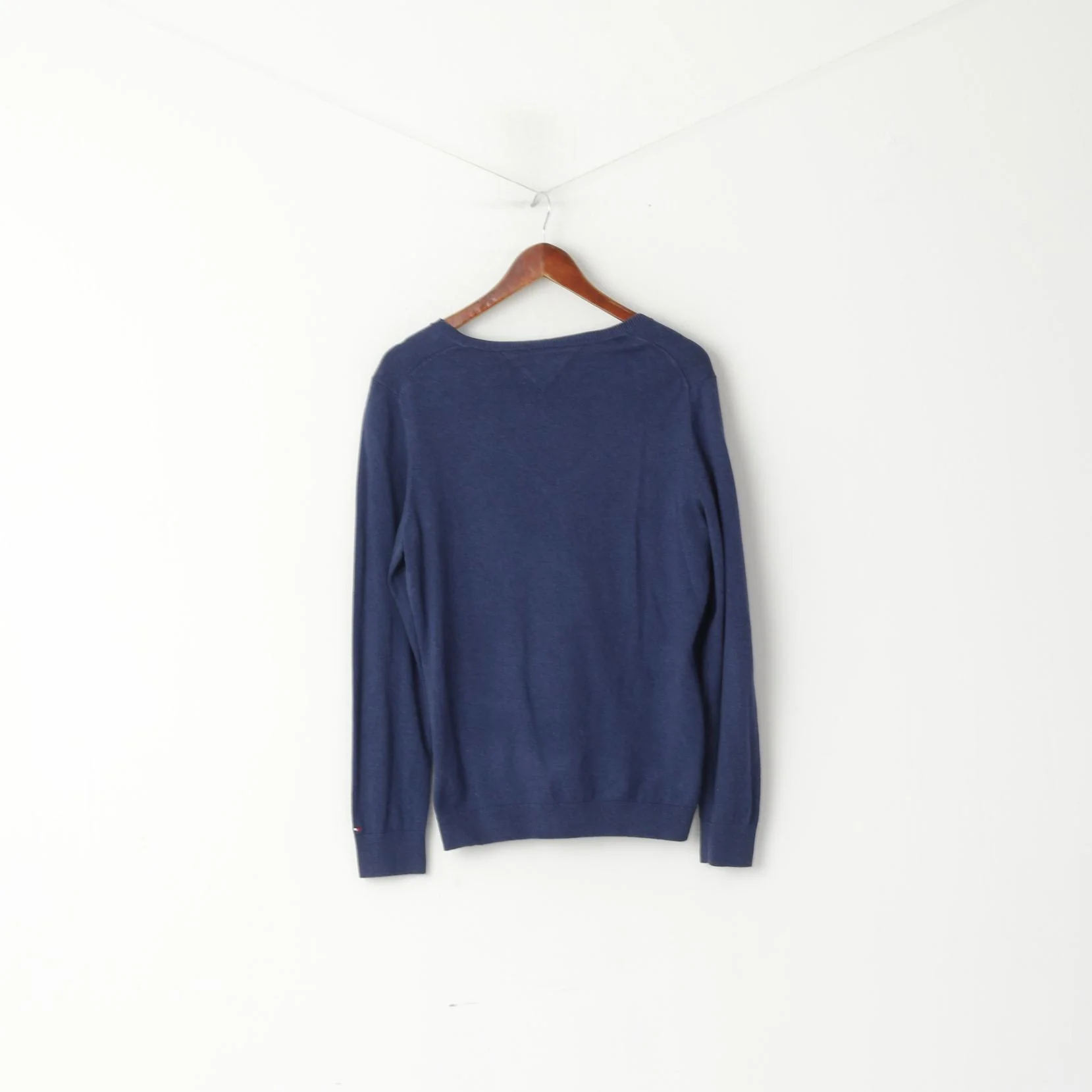 Tommy Hilfiger Men XL (M) Jumper Navy Cotton V Neck Soft Stretch Plain Sweater - Image 6