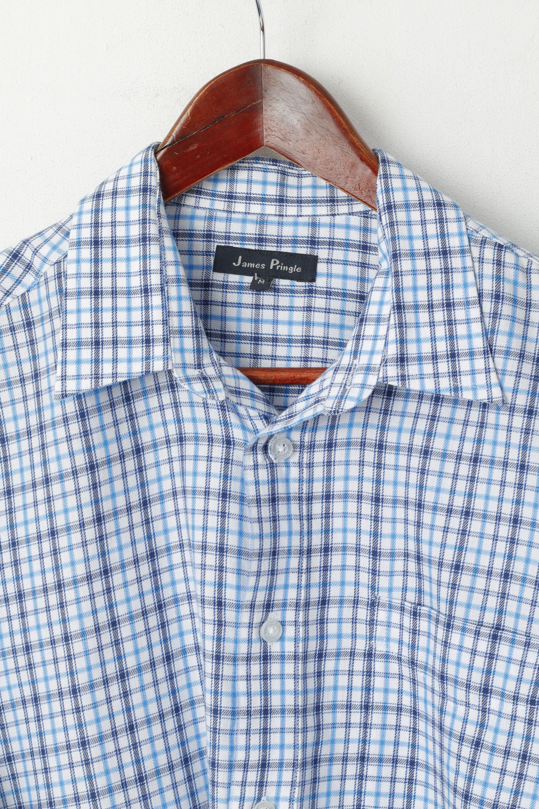 James Pringle Men M Casual Shirt Blue Check Cotton Pocket Long Sleeve Top - Image 2