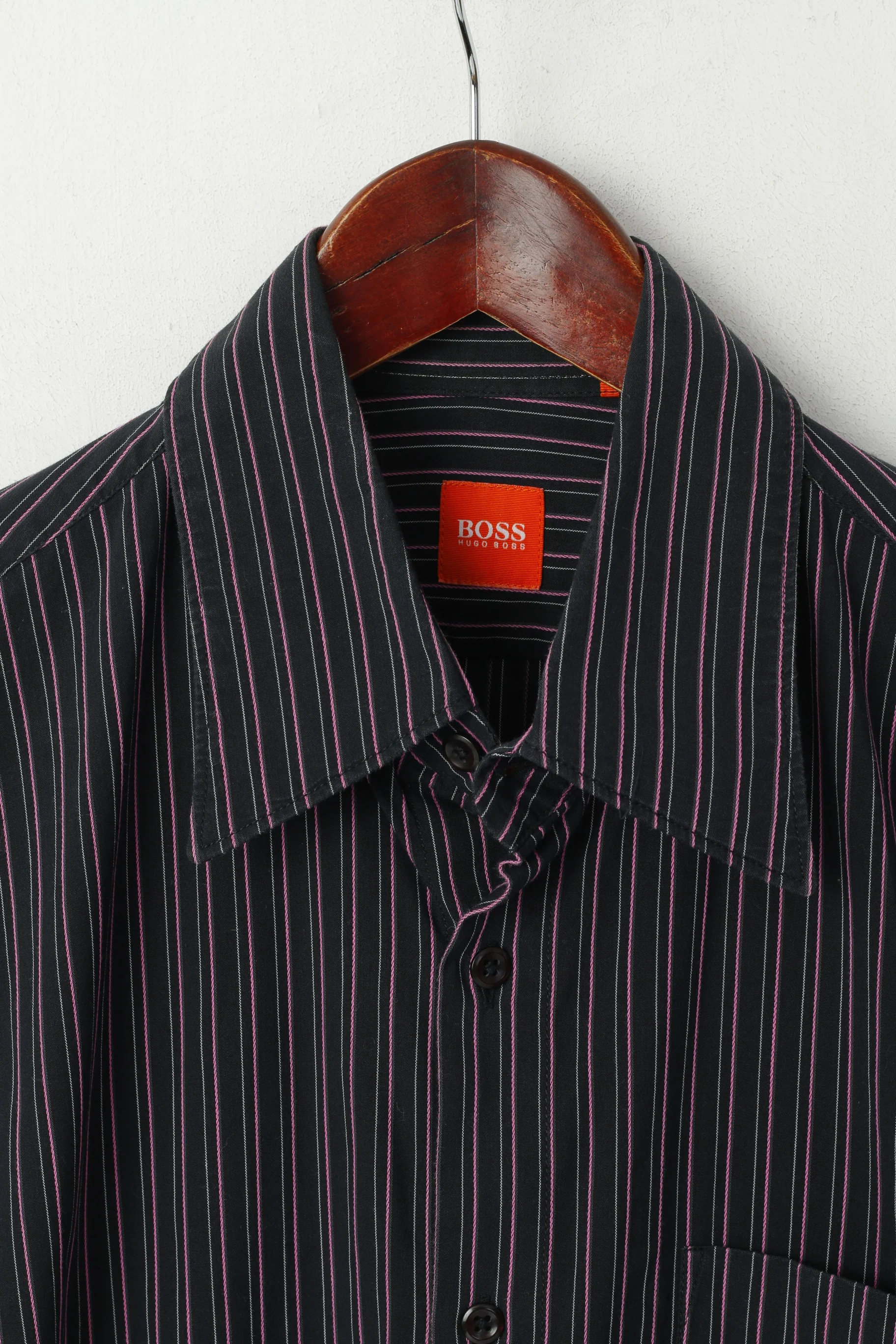 Hugo Boss Men M Casual Shirt Black Pink Striped Cotton Stretch Fit Long Sleeve Top - Image 2