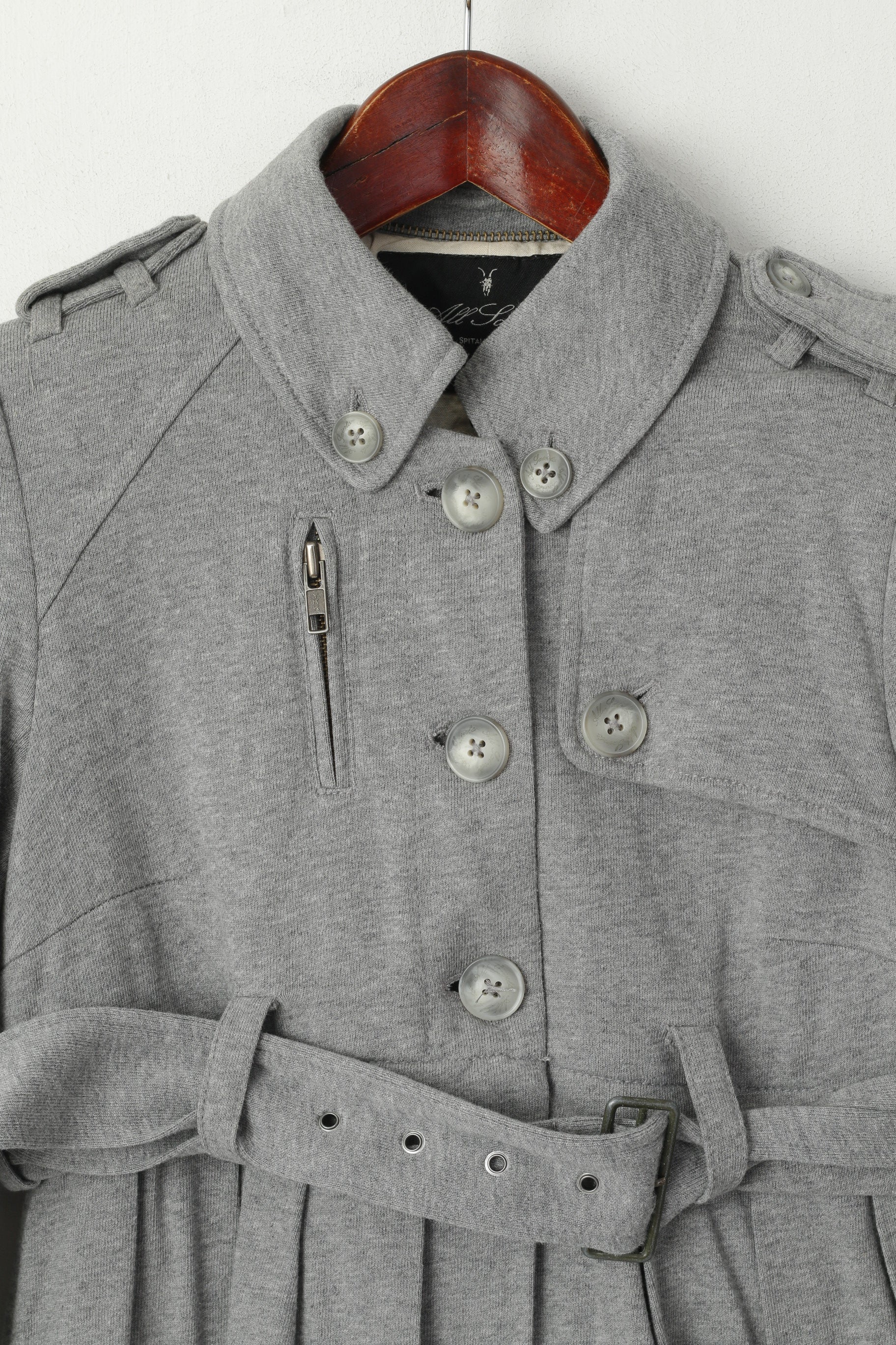 AllSaints Women 36 8 XS Sweatshirt Grey Cotton 3 Button Belted Loose Hem Top - Image 2