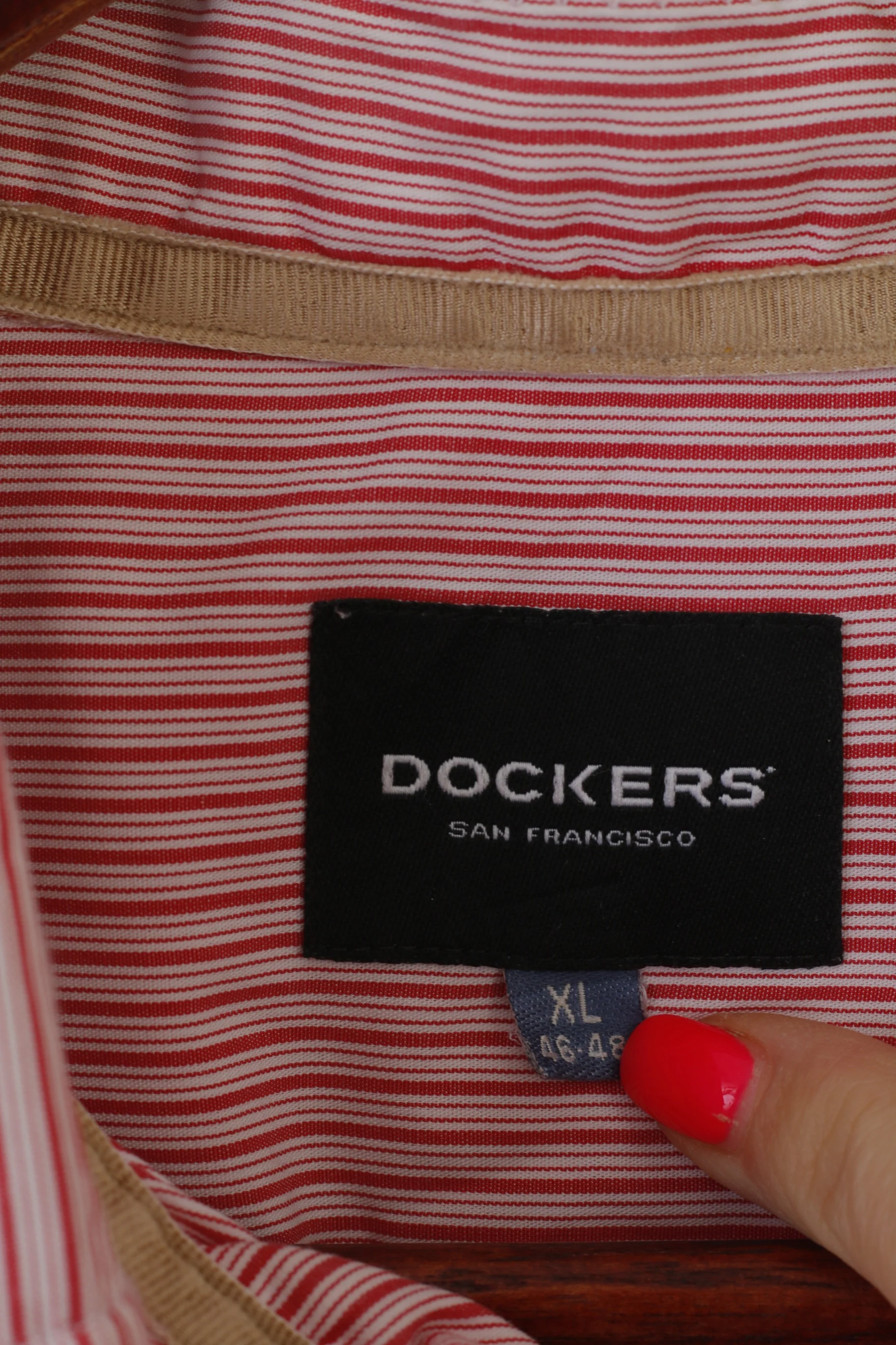 Dockers San Francisco Men XL (L) Casual Shirt Red Striped Cotton Long Sleeve Top - Image 4