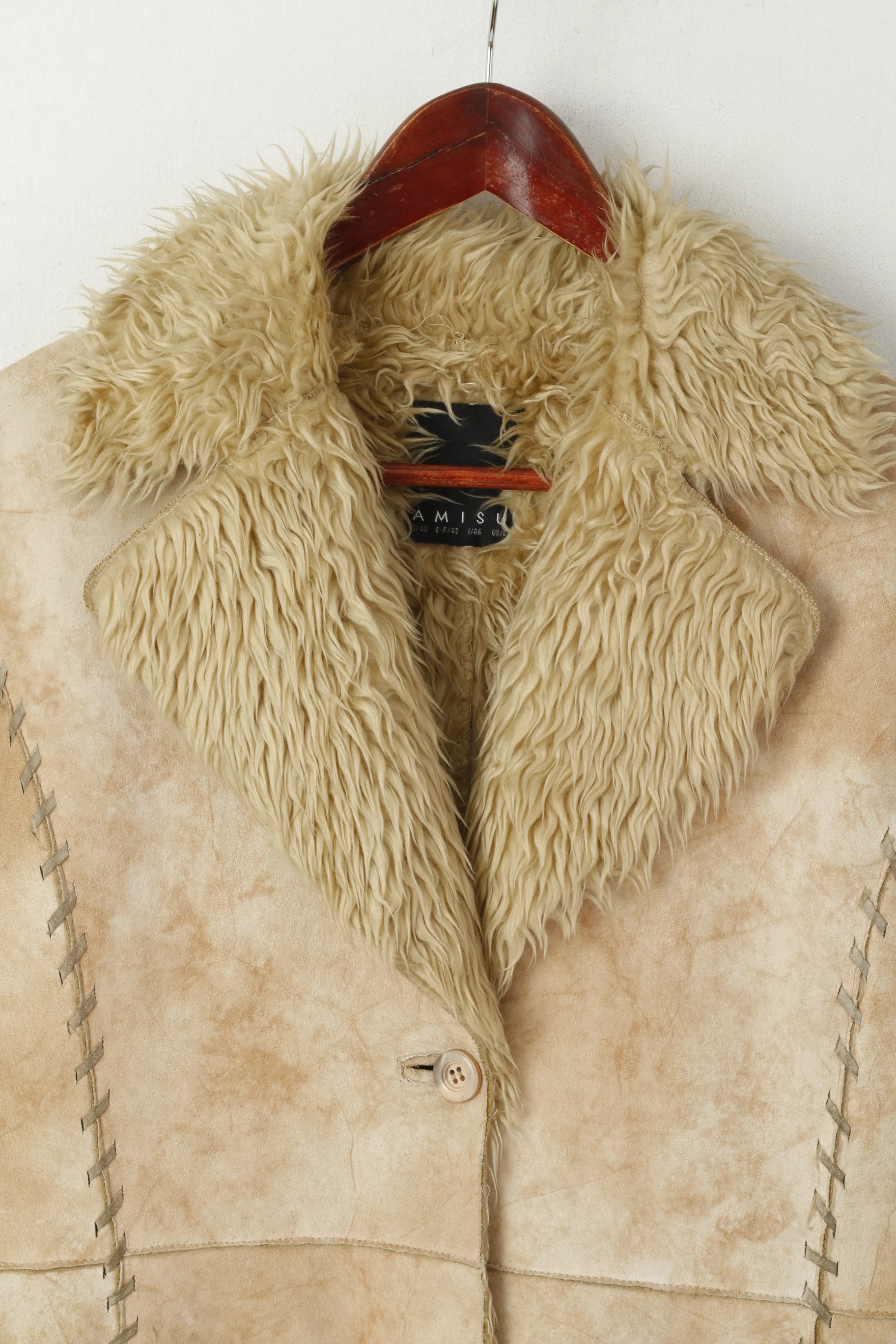 Amisu Womens 40 M Coat Beige Boho Long Buttoned Faux Fur Inserts Pocket Top - Image 2