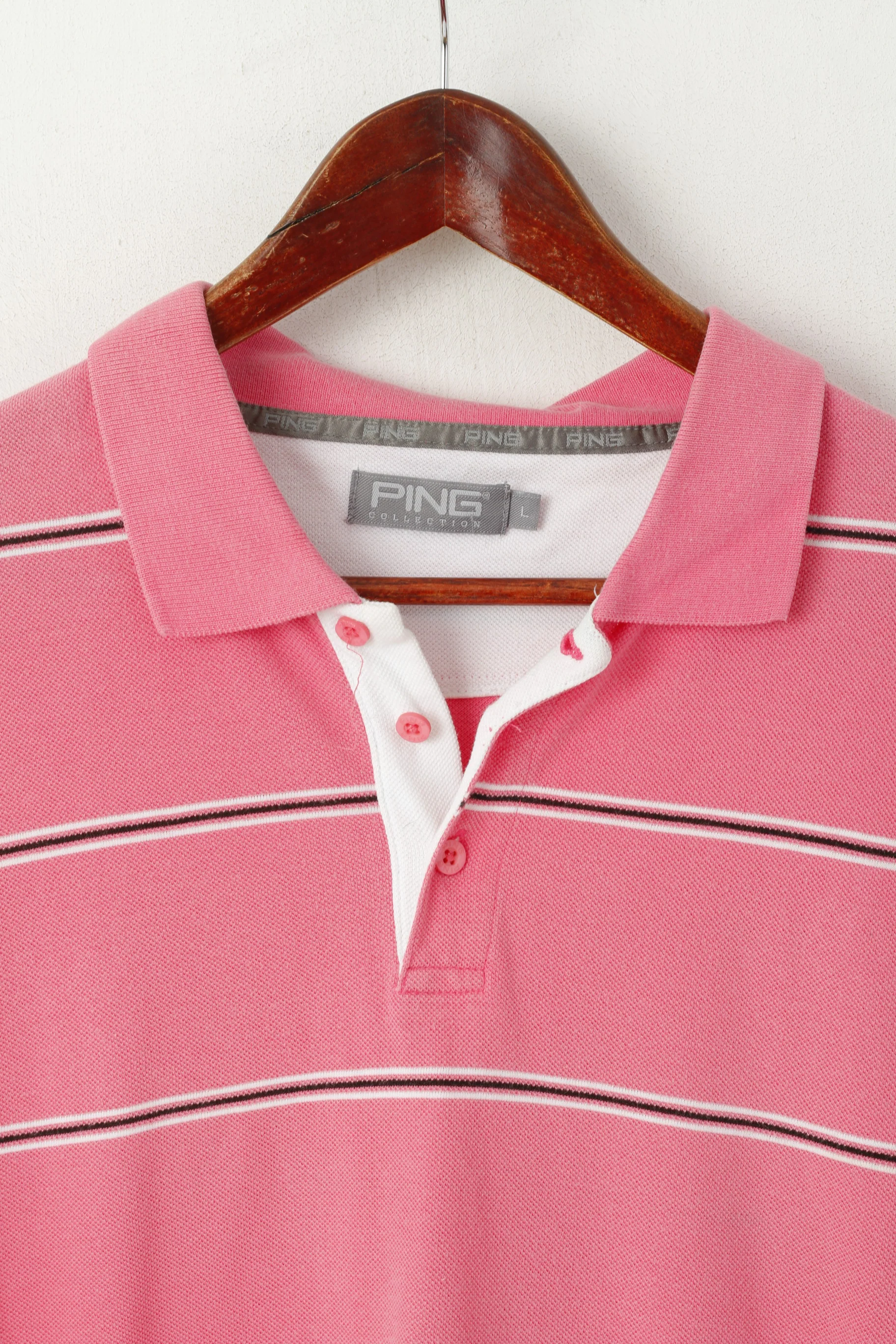 PING Collection Men L Polo Shirt Pink Cotton Striped Detailed Buttons Sport Top - Image 2