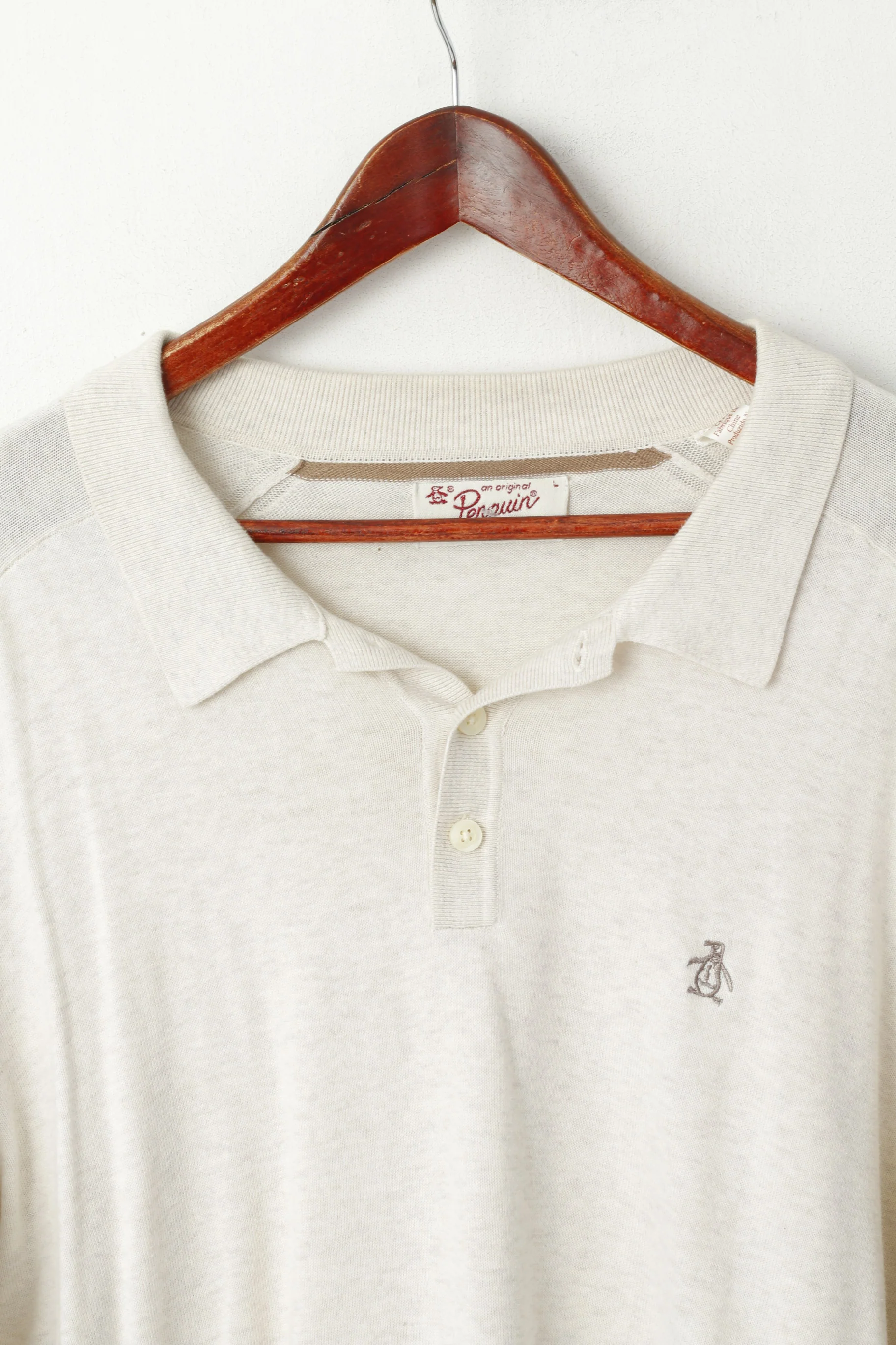 Penguin Men L Jumper Beige Cotton Polo NeckPullover Light Thin Sweater - Image 2