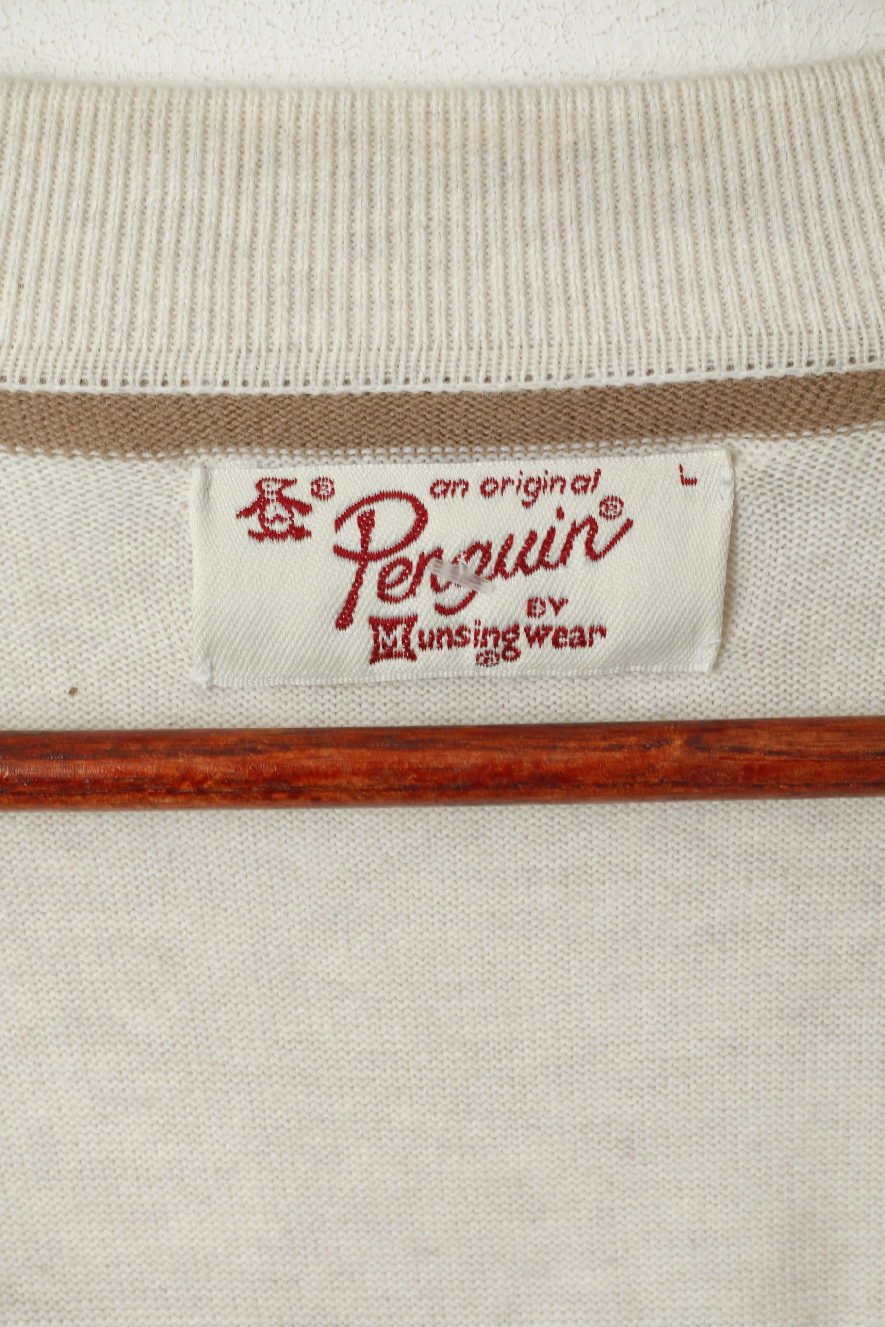 Penguin Men L Jumper Beige Cotton Polo NeckPullover Light Thin Sweater - Image 4