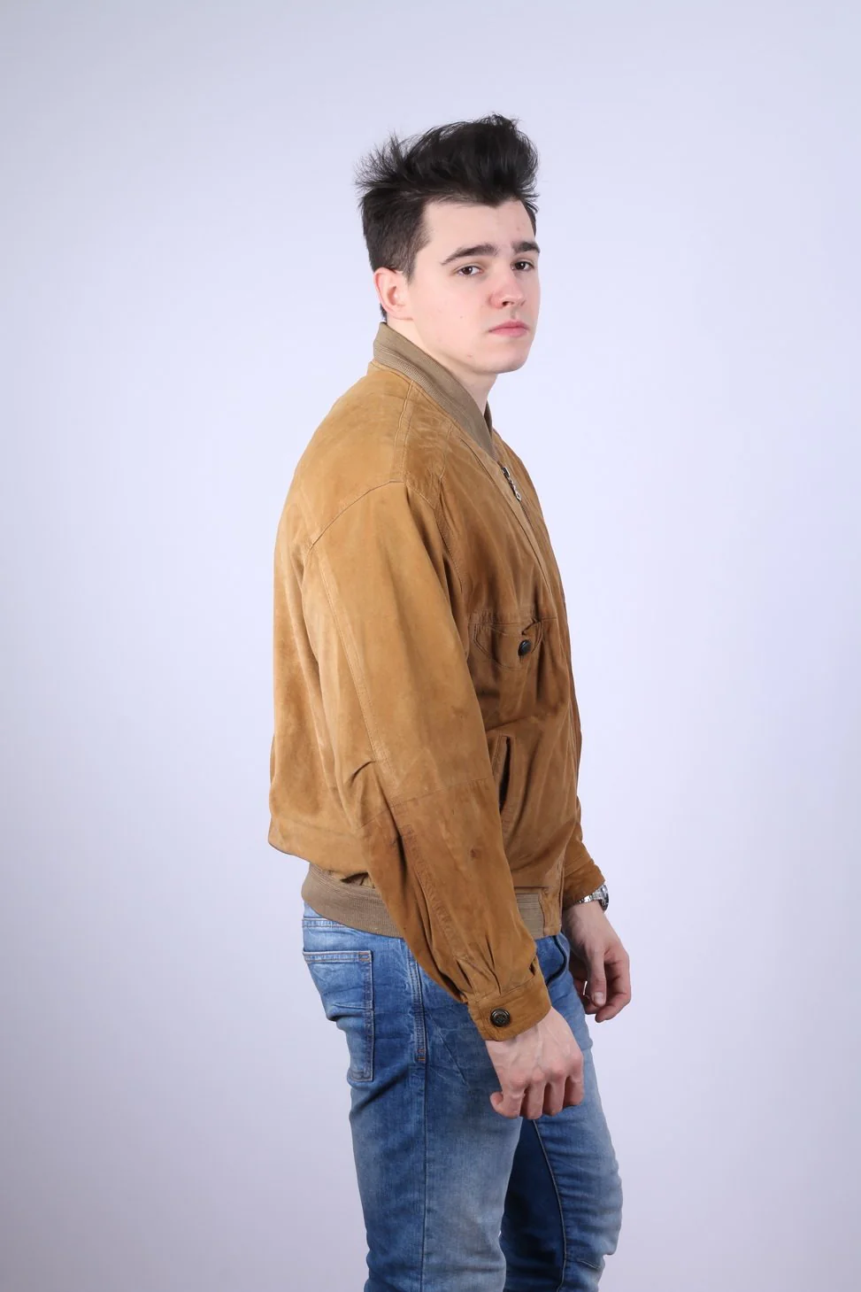 Montes Men 52 L Bomber Jacket Camel Leather Suede Vintage Full Zipper Classic Top - Image 10