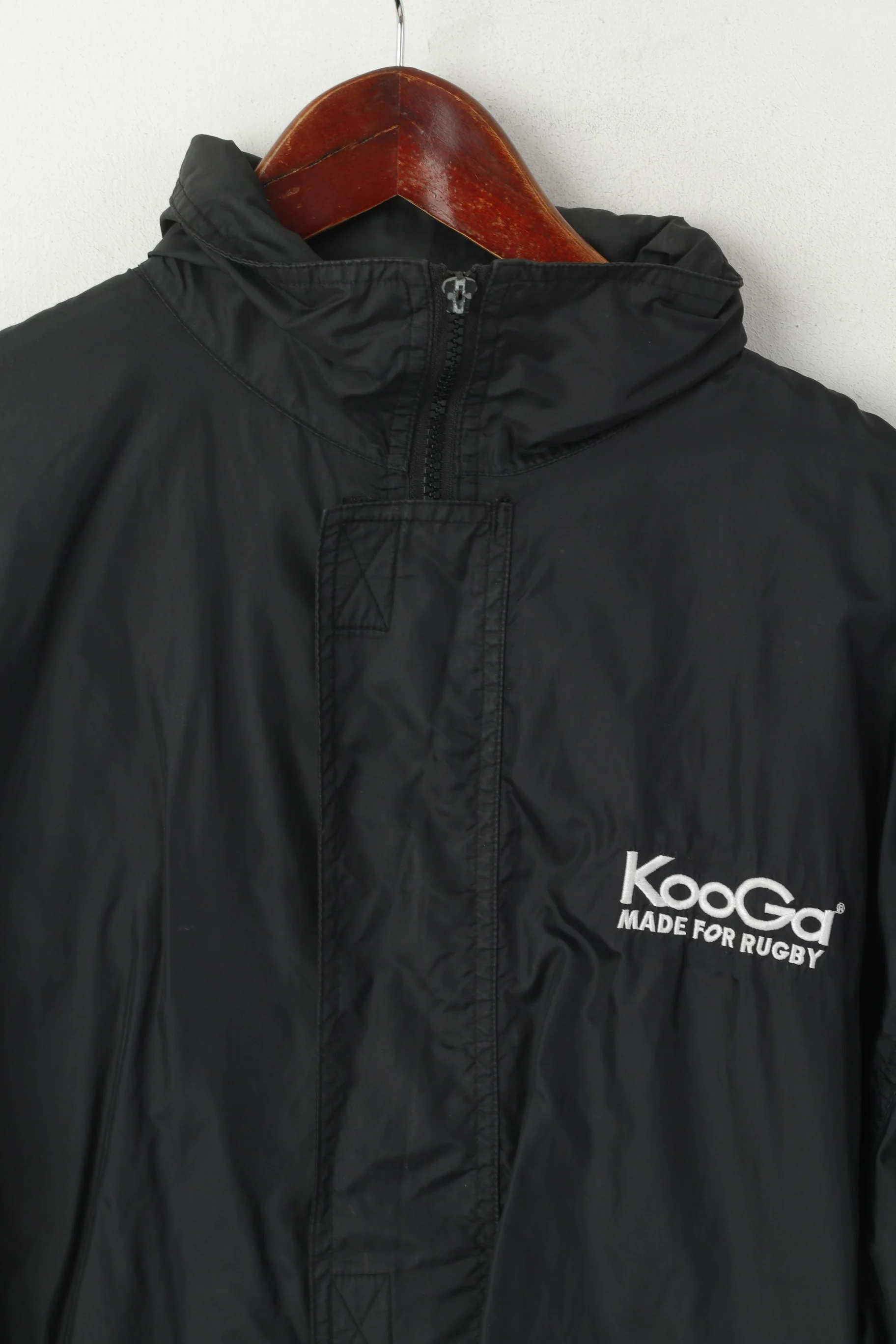 Kooga Men S Jacket Black Nylon Waterproof Rugby Full Zip Hidden Hood Top - Image 2