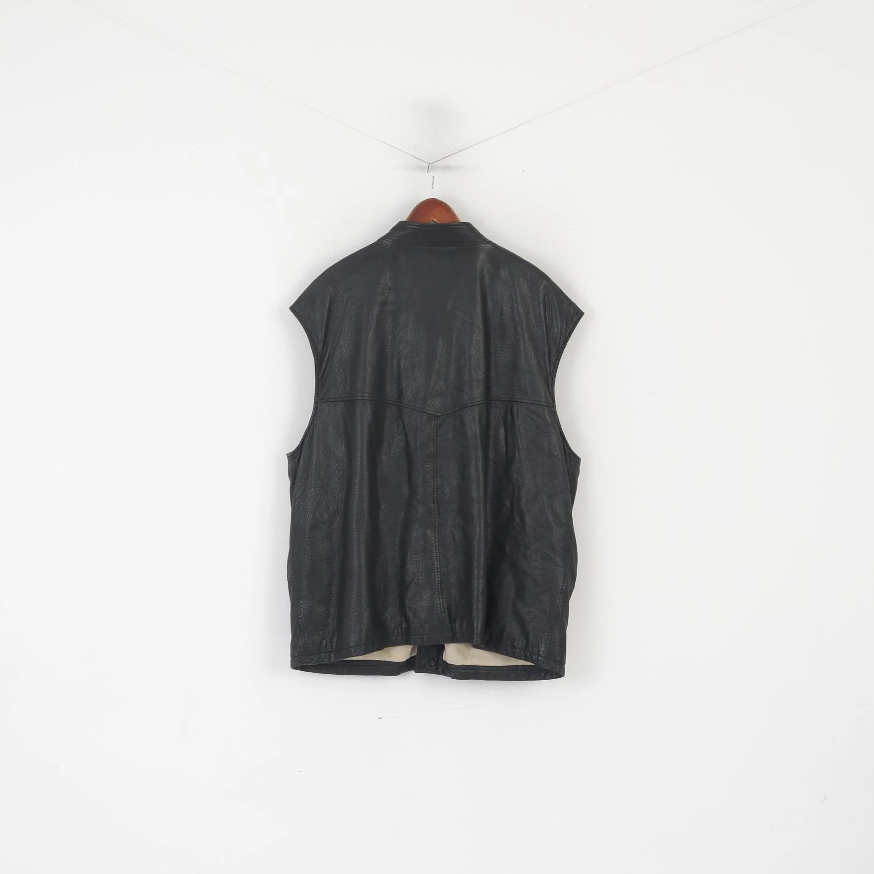 Kapraun Men XL Waistcoat Black Shiny Leather Buttoned Biker Merino Wool Lined Vest - Image 6