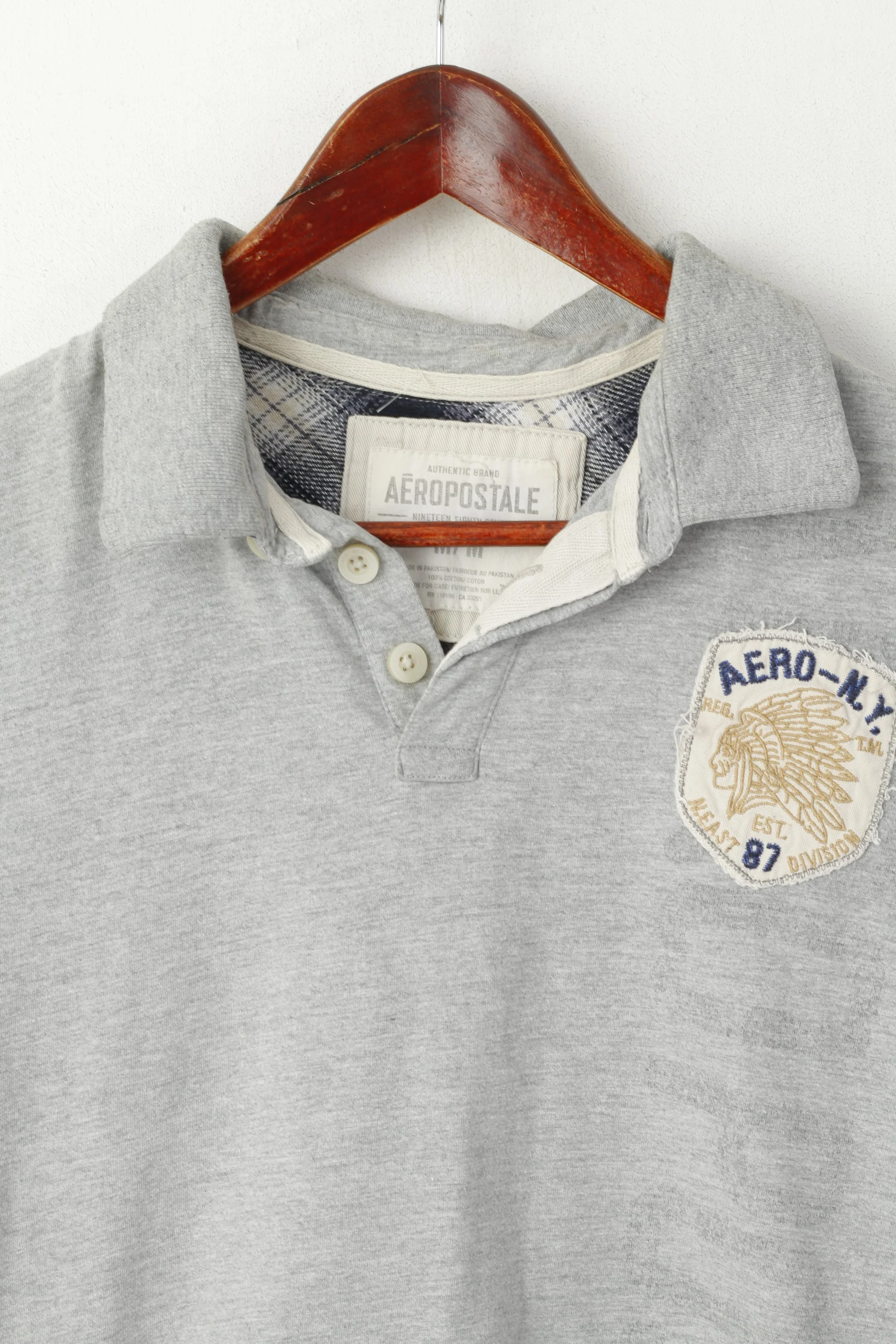 Aeropostale Men M Polo Shirt Grey Cotton 87 Division Vintage Detailed Buttons Top - Image 2
