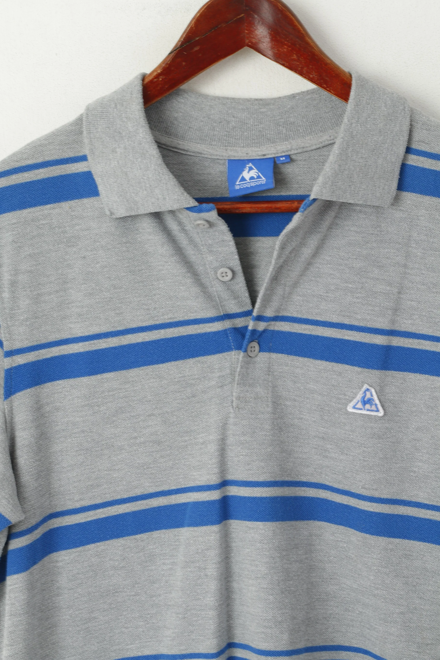 Le Coq Sportif Men M Polo Shirt Grey Blue Striped Cotton Detailed Buttons Top - Image 2