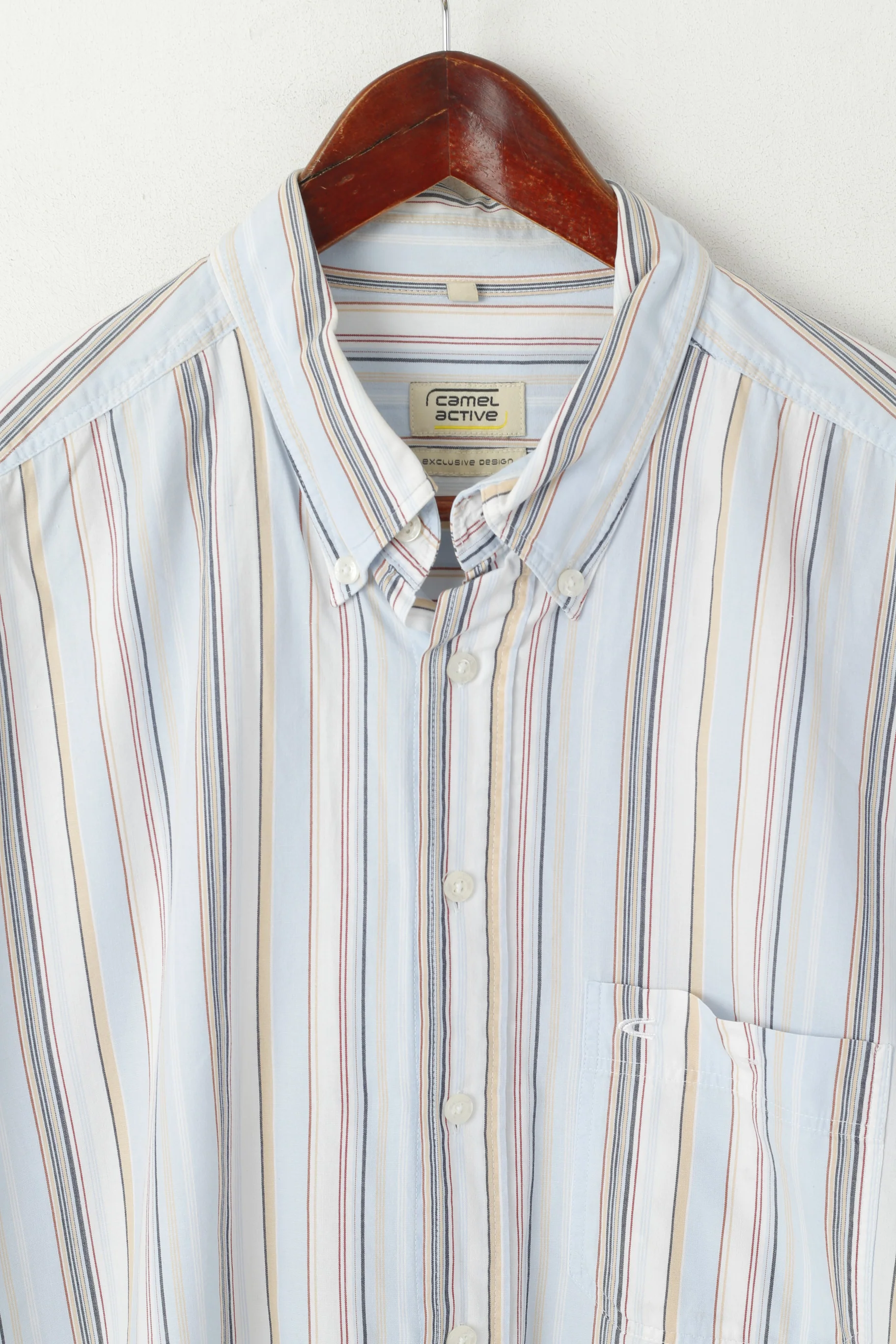 Camel Active Men XL Casual Shirt Blue Striped Cotton Exclusive Design Short Sleeve Top - Image 2