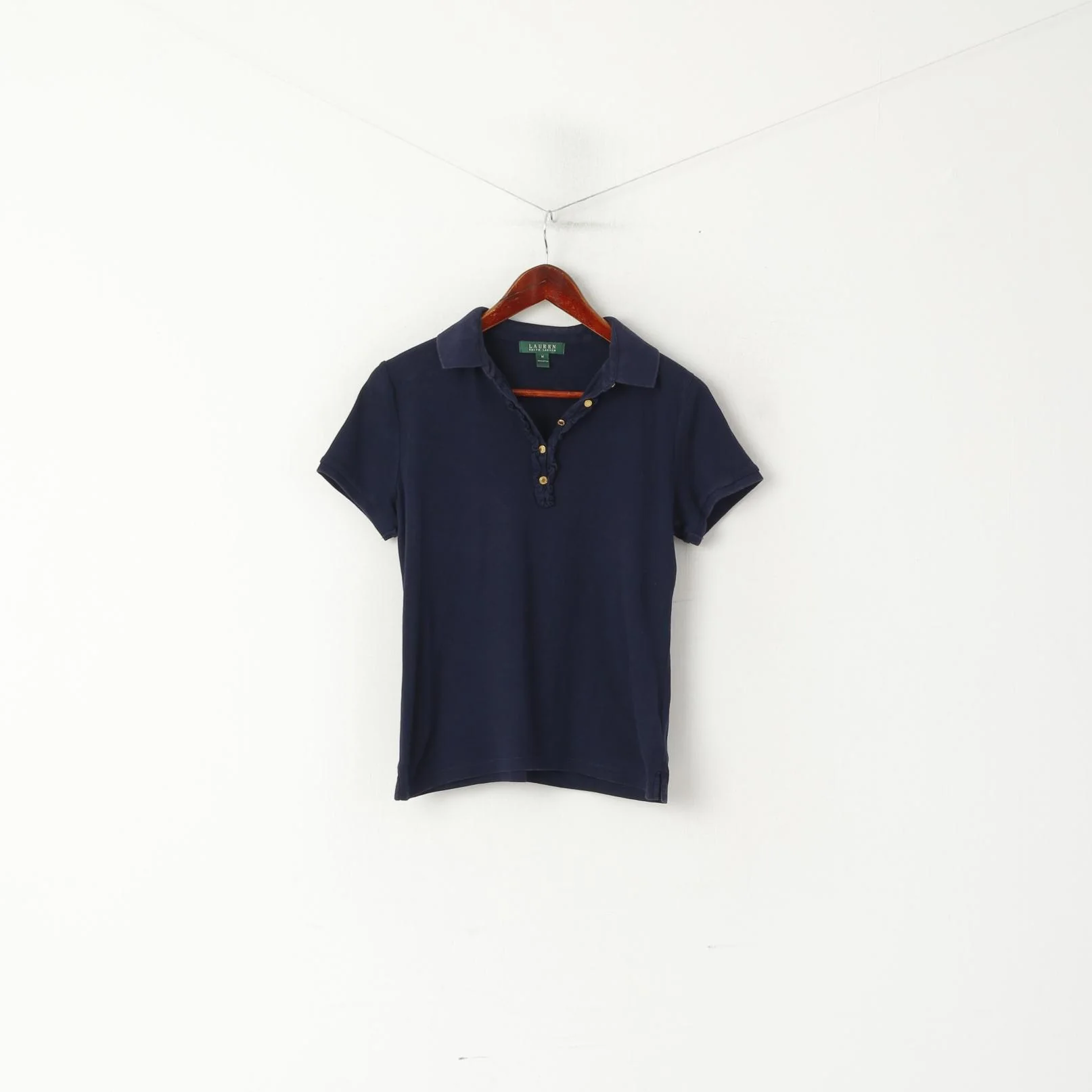 Lauren Ralph Lauren Women M Polo Shirt Navy Cotton Stretch Short Sleeve Plain Top